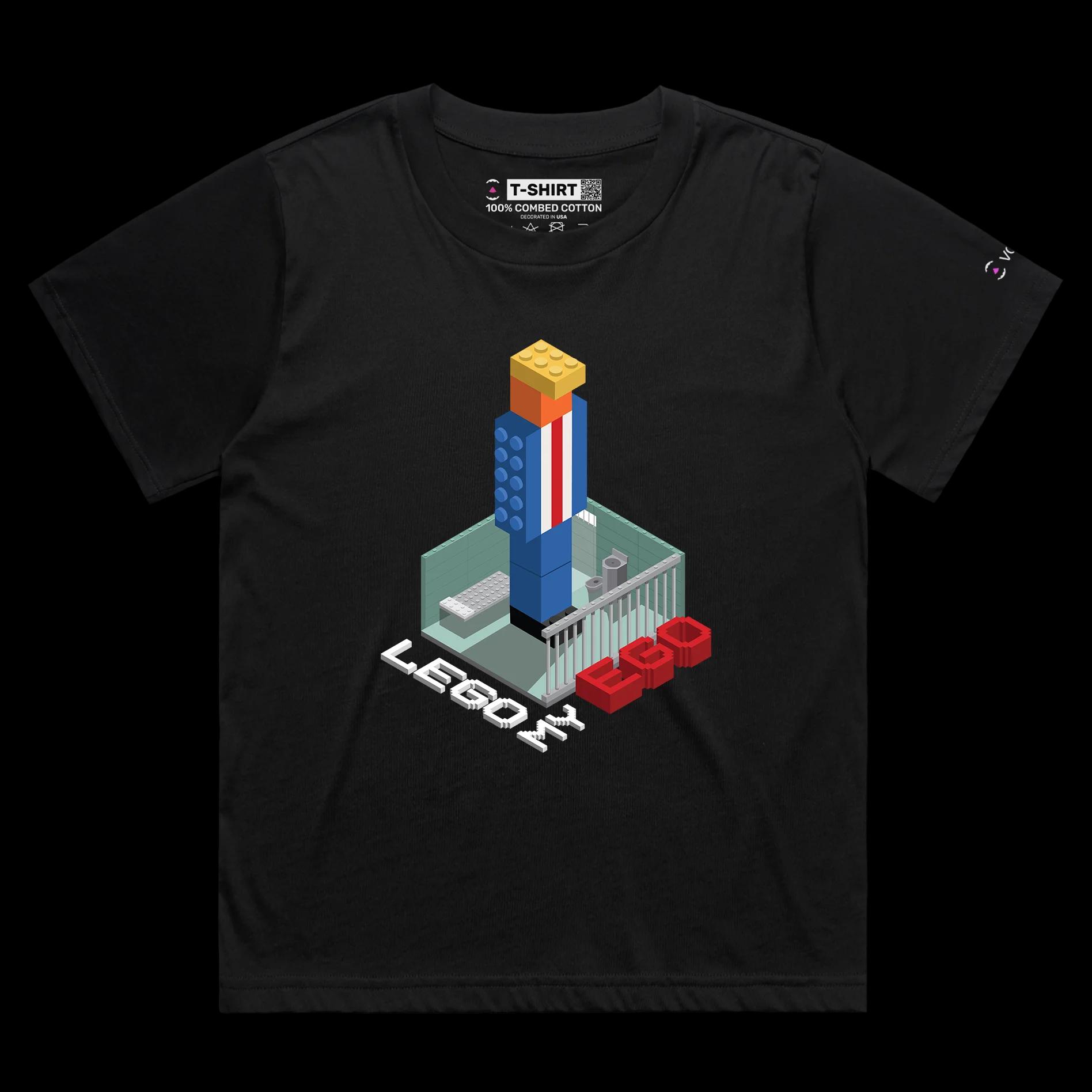 VOICEART BLack Female Loose President Trump in a Lego Prison Political T-shirt Premium Quality Graphic Funny Wordplay Tee
