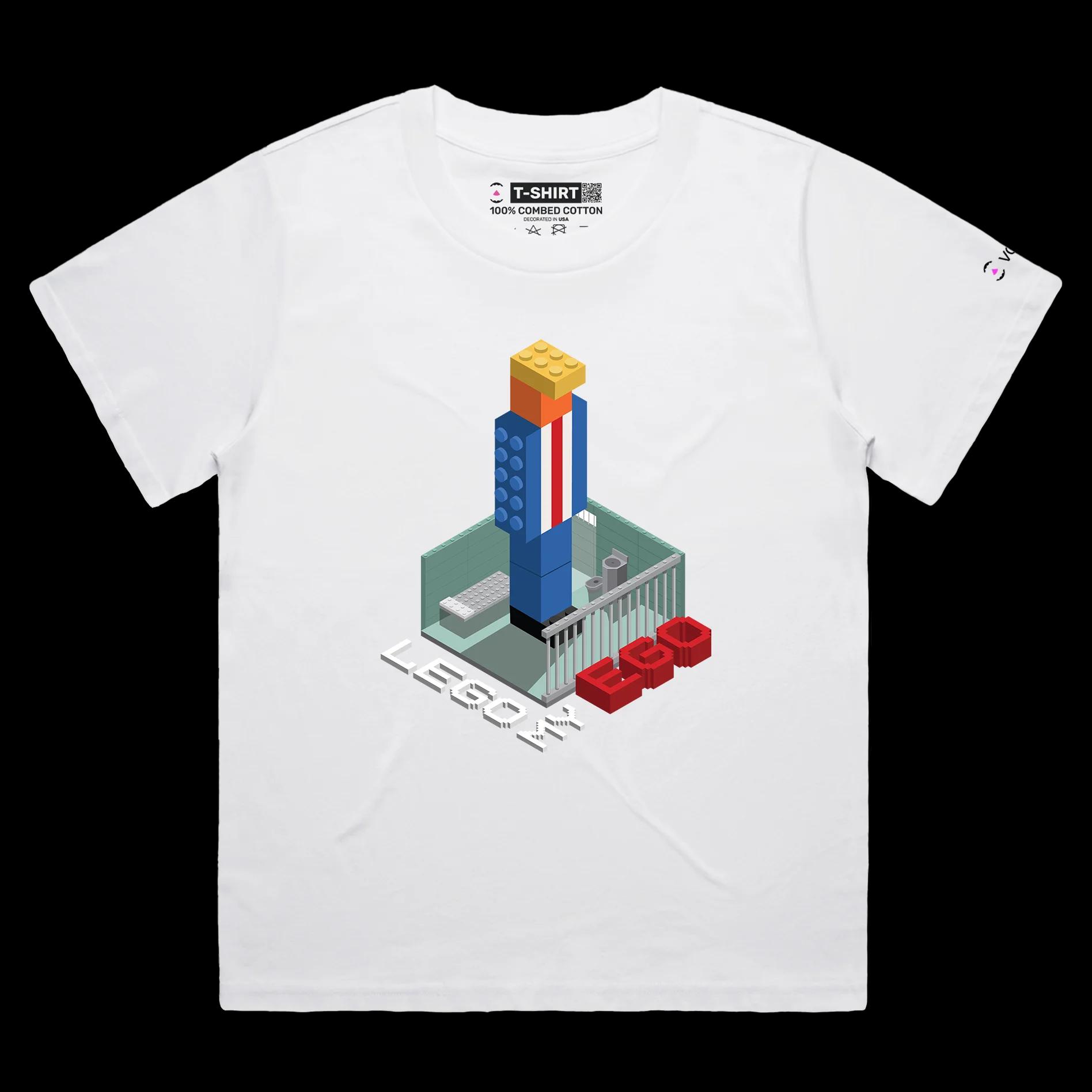 VOICEART White Female Loose President Trump in a Lego Prison Political T-shirt Premium Quality Graphic Funny Wordplay Tee