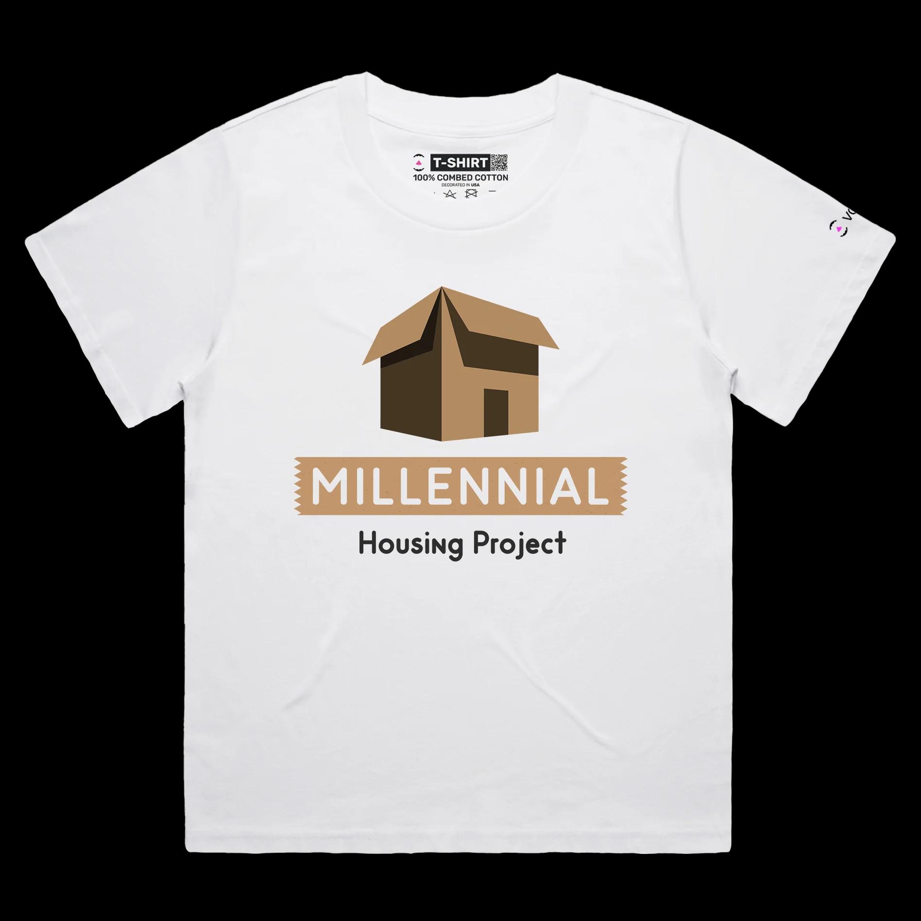 VOICEART White Female Loose Cardboard Box Social Issue T-Shirt Premium Design Sarcastic Housing Project Cost of Living