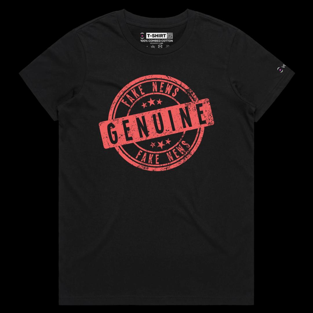 VOICEART Black Female Regular Genuine Fake News Stamp Funny shirt Premium Quality Design Social Media Issues Wordplay Tee