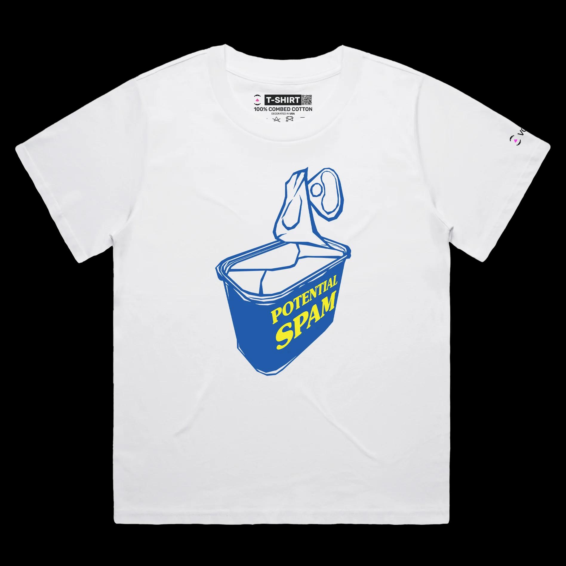 VOICEART White Female Loose Food Spam Funny T-shirt Premium Quality Graphic Design Processed Ham or a Can of Worms Tee
