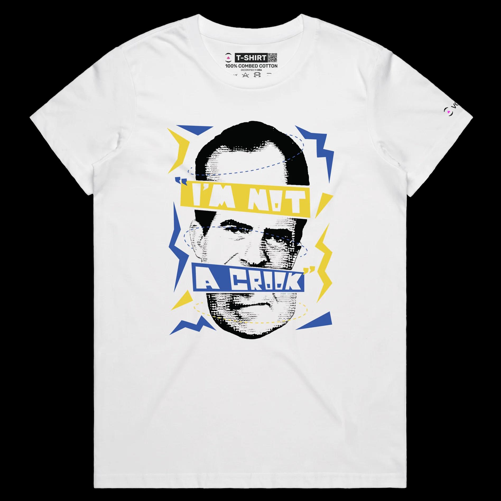VOICEART White Female Regular President Nixon Funny Quote Political T-Shirt Premium Quality Graphic I am Not a Crook Tee