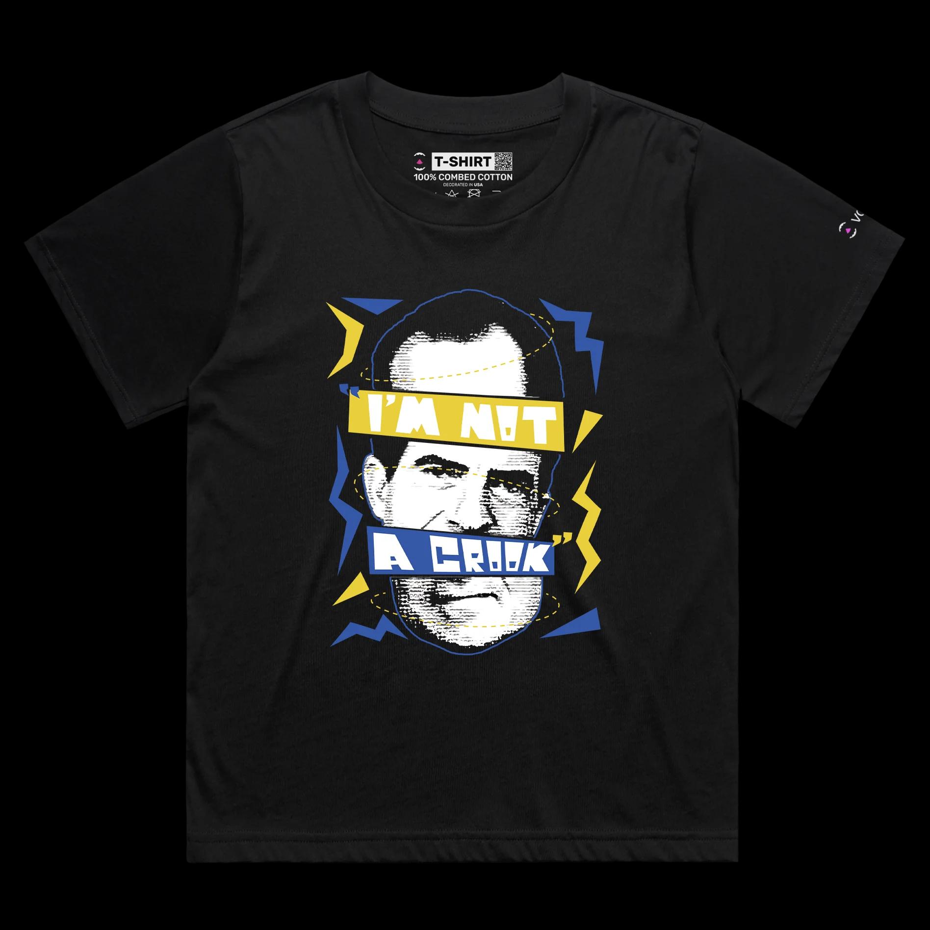 VOICEART Black Female Loose President Nixon Funny Quote Political T-Shirt Premium Quality Graphic I am Not a Crook Tee