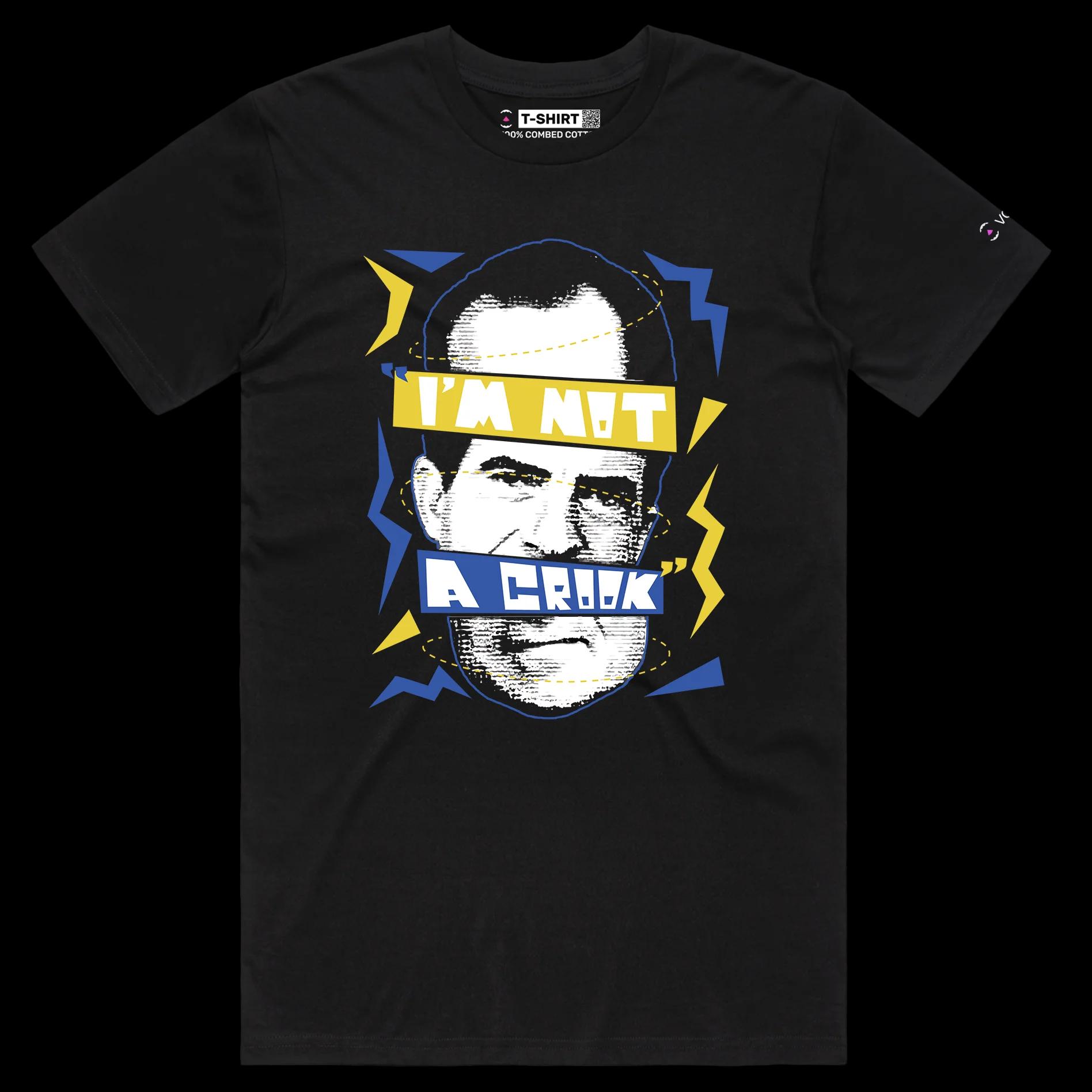 VOICEART Black Male Regular President Nixon Funny Quote Political T-Shirt Premium Quality Graphic I am Not a Crook Tee