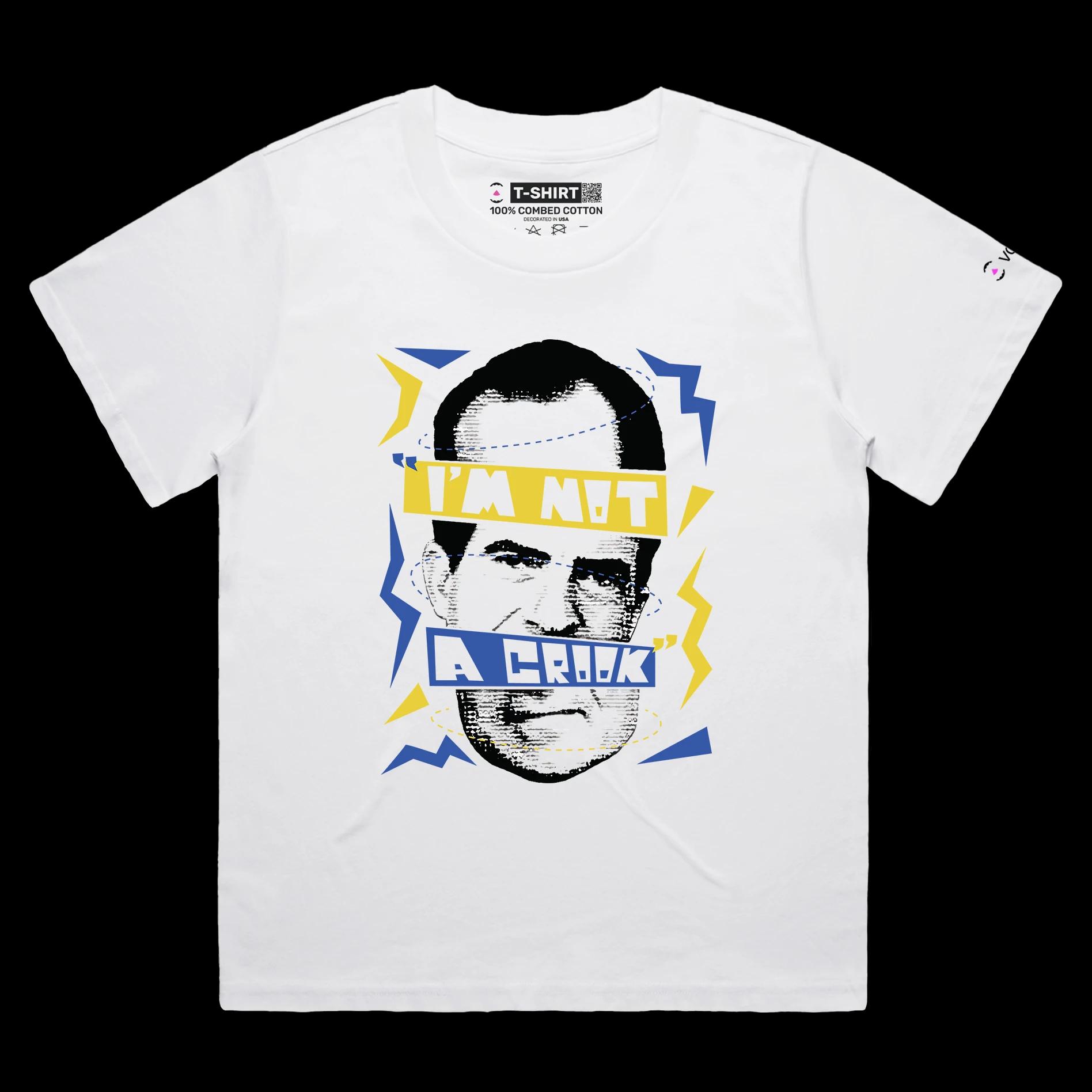 VOICEART White Female Loose President Nixon Funny Quote Political T-Shirt Premium Quality Graphic I am Not a Crook Tee