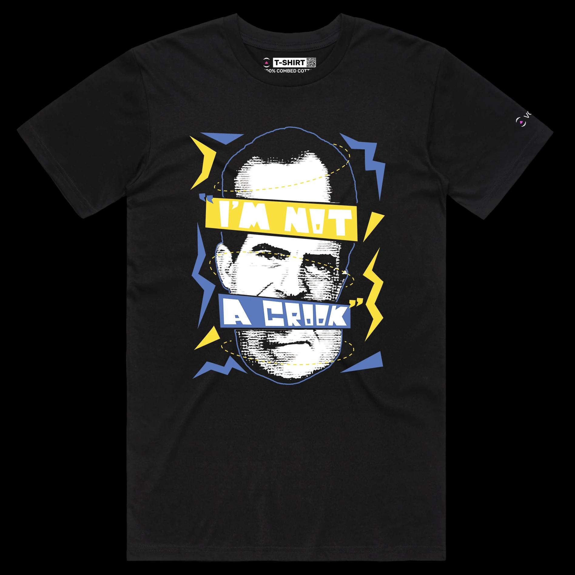 VOICEART Black Male Regular President Nixon Funny Quote Political T-Shirt Premium Quality Graphic I am Not a Crook Tee