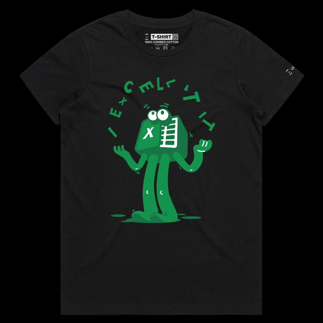 VOICEART Black Female Regular Excel Spreadsheet Funny TShirt Premium Quality Design Software That Also Makes Bed Wordplay Tee