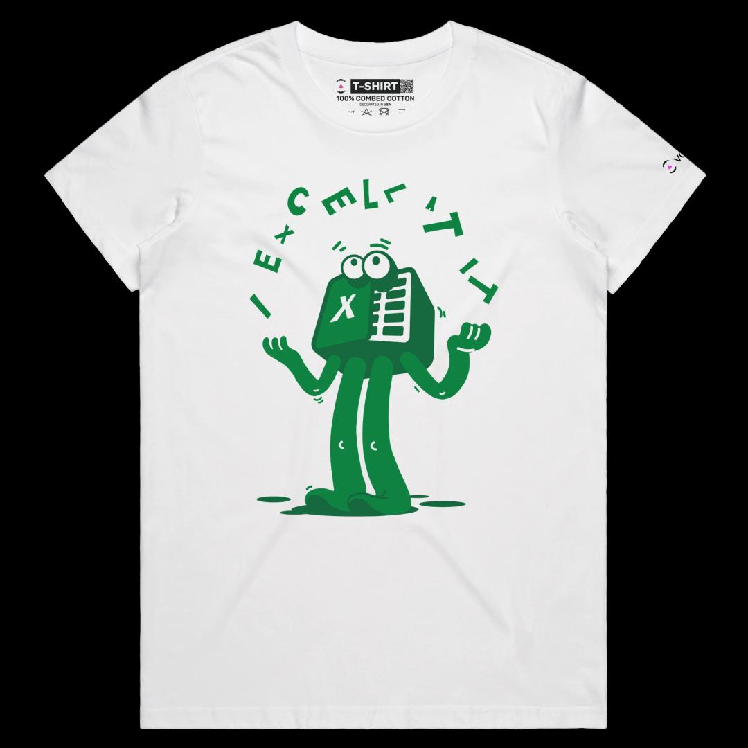 VOICEART White Female Regular Excel Spreadsheet Funny TShirt Premium Quality Design Software That Also Makes Bed Wordplay Tee