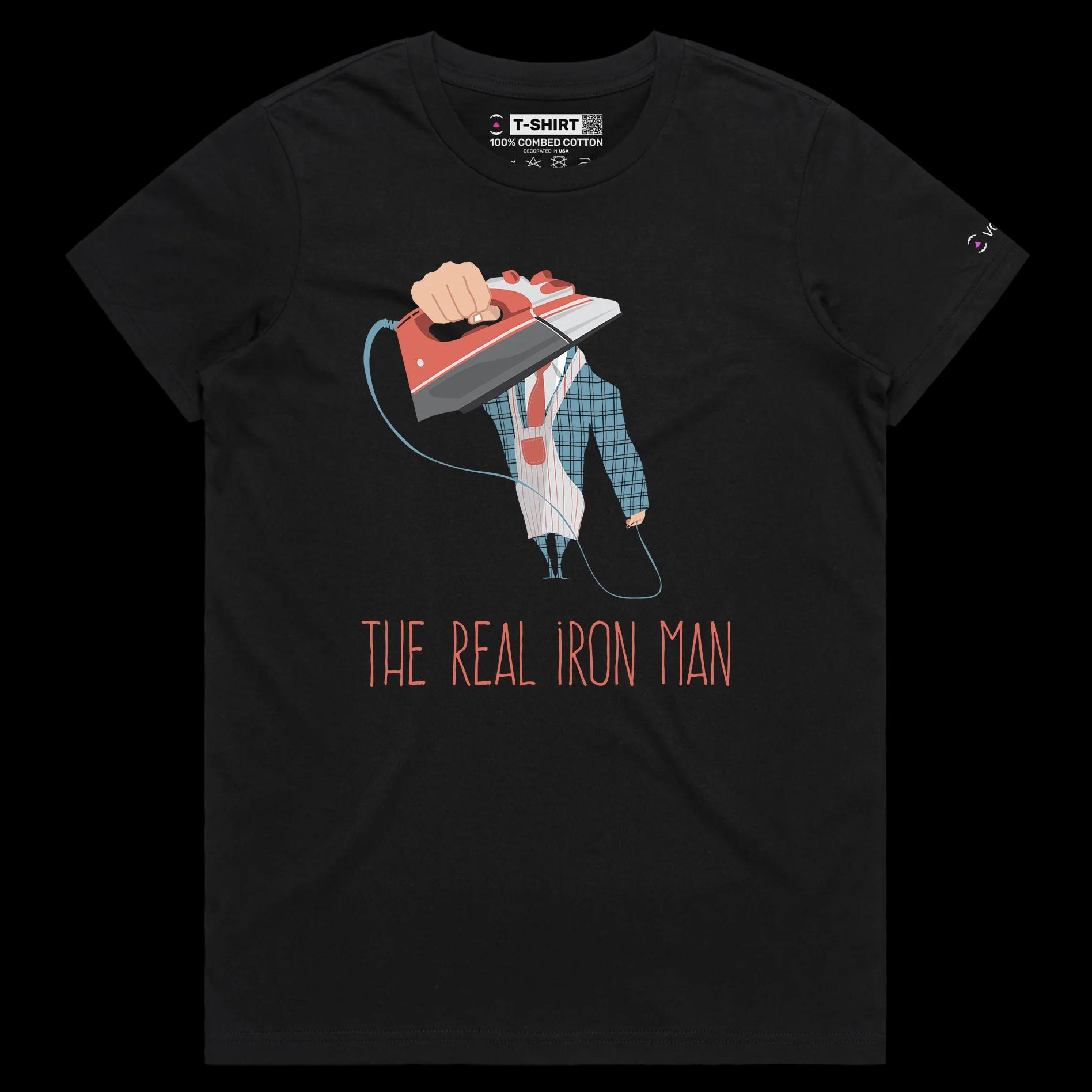 VOICEART Black Female Regular Man with an Iron Role Reversal Funny T-Shirt Premium Graphic House Chores Tee Iron Man Wordplay