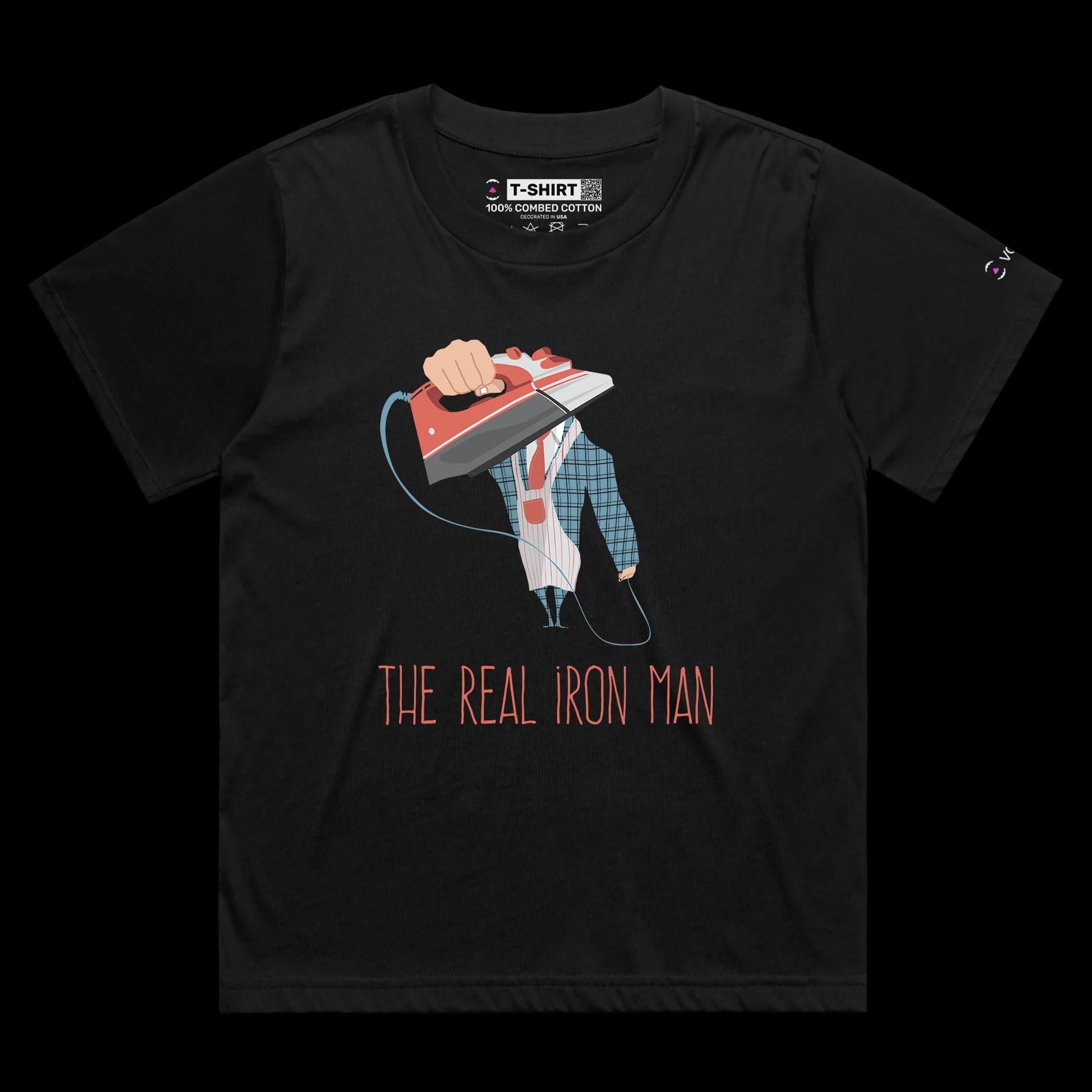 VOICEART Black Female Loose Man with an Iron Role Reversal Funny T-Shirt Premium Graphic House Chores Tee Iron Man Wordplay