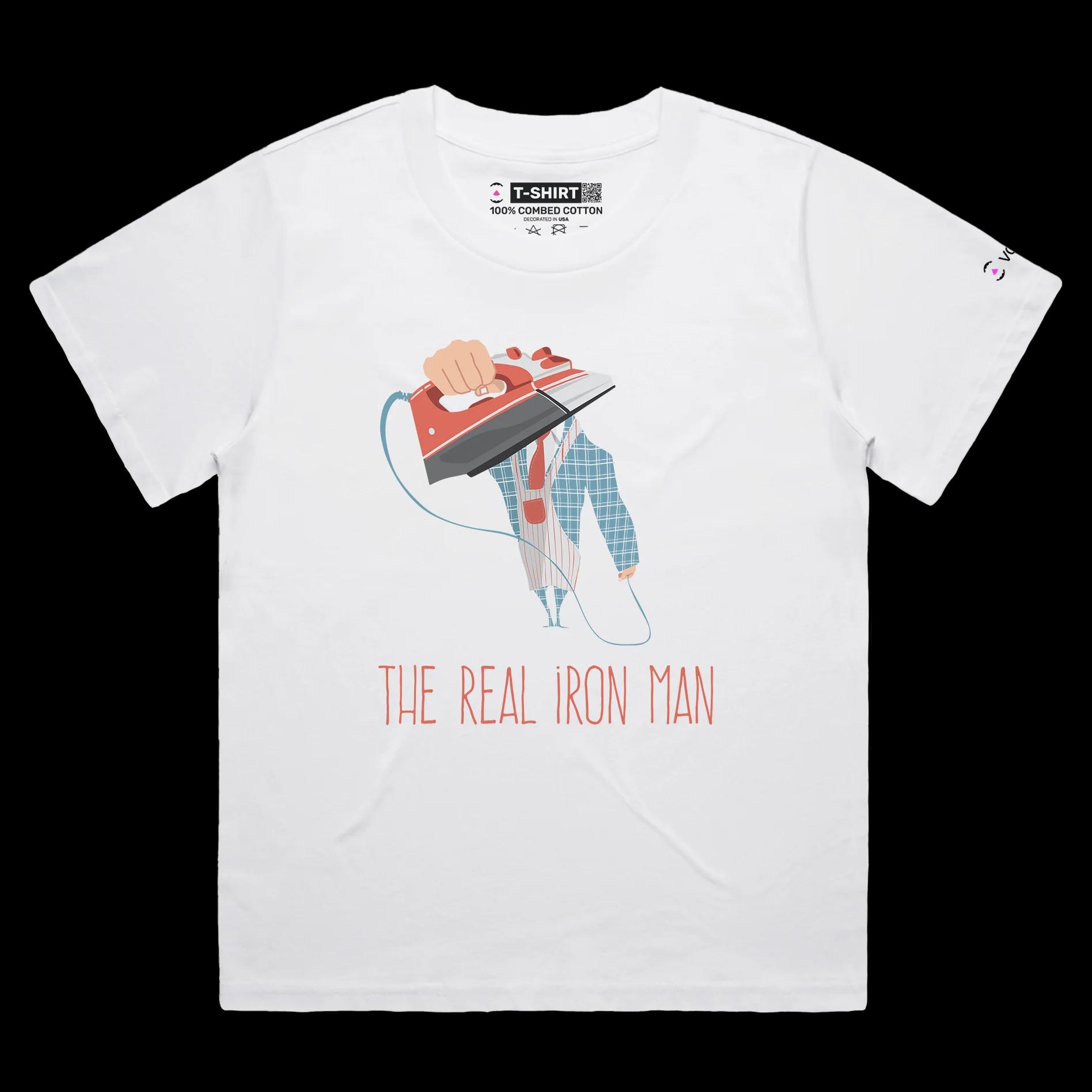 VOICEART White Female Loose Man with an Iron Role Reversal Funny T-Shirt Premium Graphic House Chores Tee Iron Man Wordplay