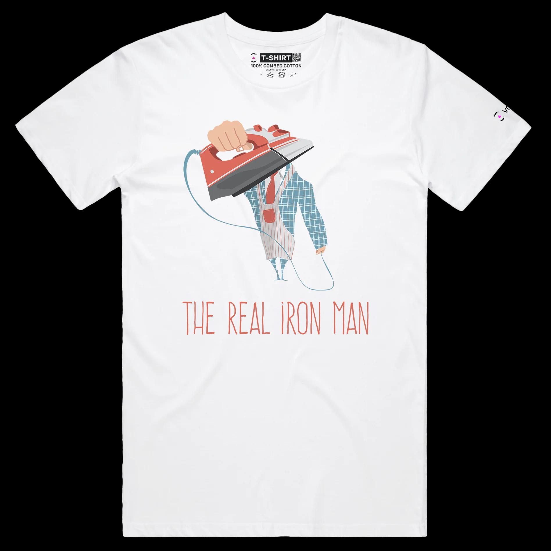 VOICEART White Male Regular Man with an Iron Role Reversal Funny T-Shirt Premium Graphic House Chores Tee Iron Man Wordplay