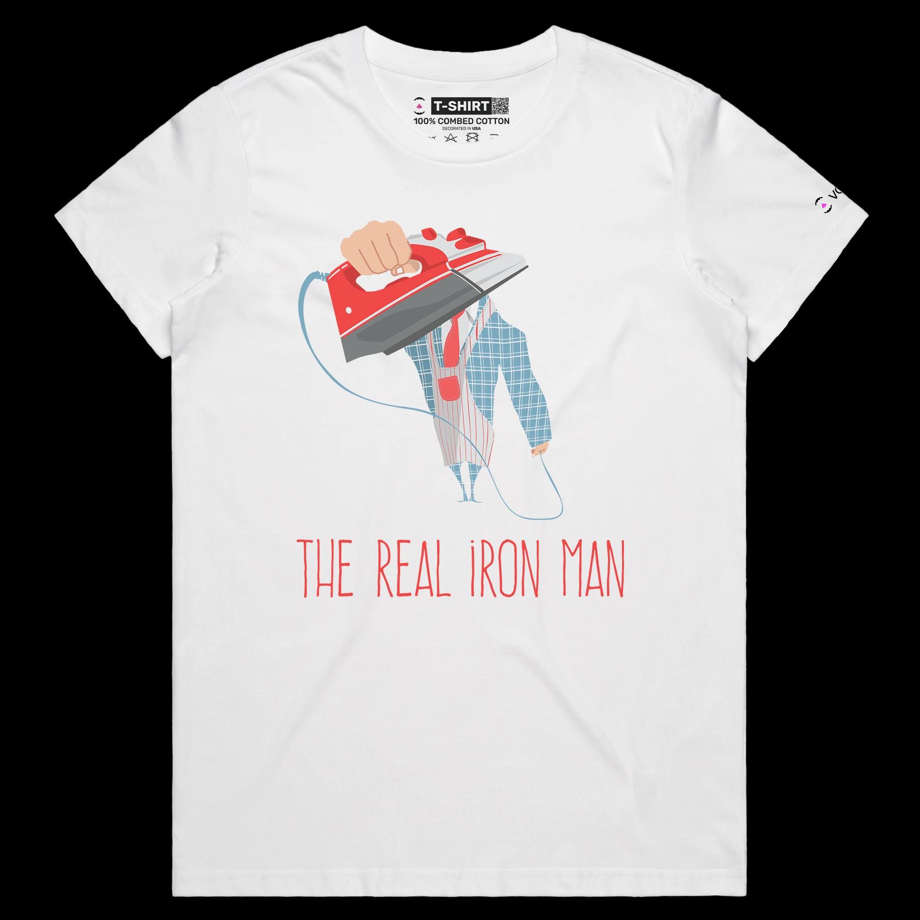 VOICEART White Female Regular Man Iron Role Reversal Funny T-Shirt Premium Graphic House Chores Tee with Iron Man Wordplay