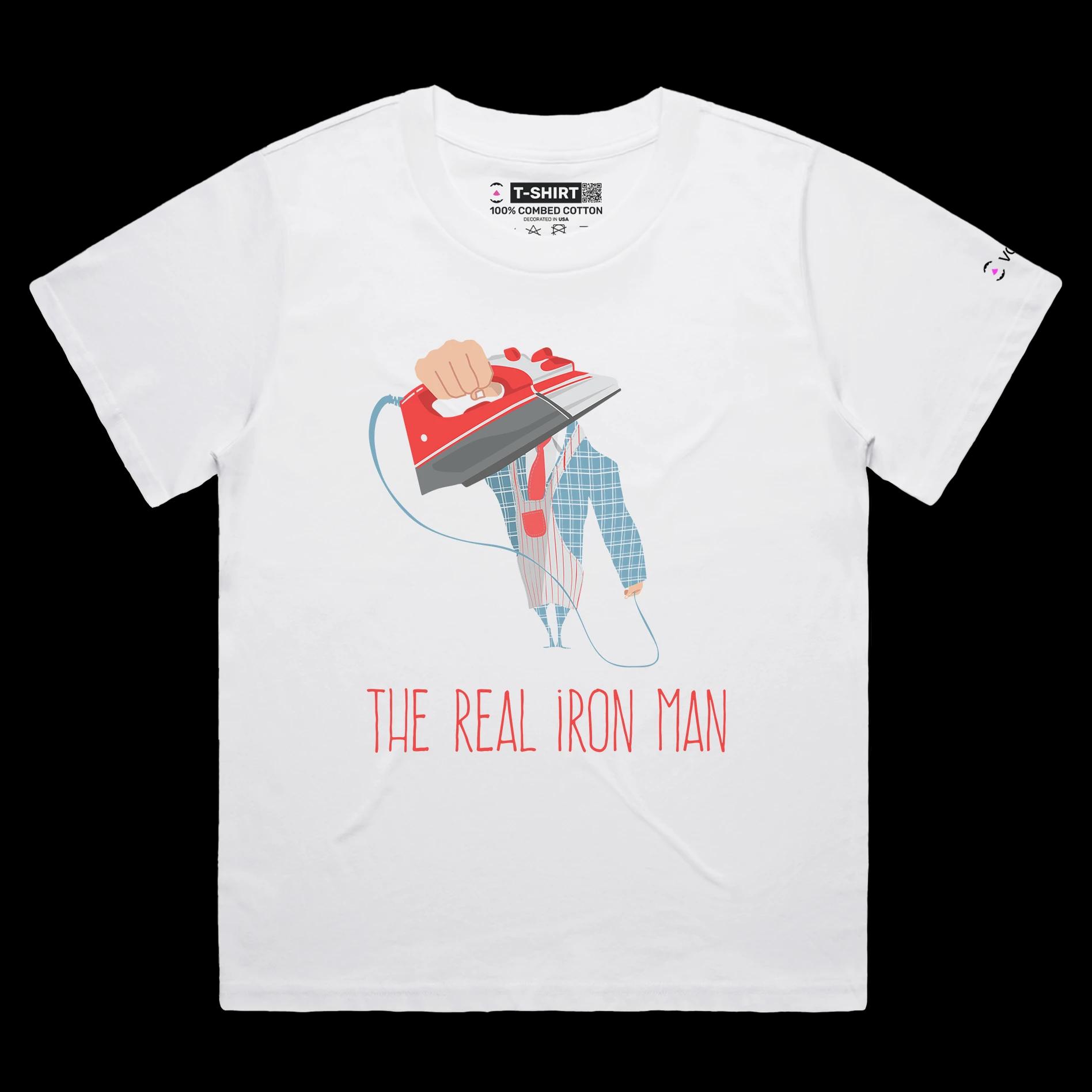 VOICEART White Female Loose Man Iron Role Reversal Funny T-Shirt Premium Graphic House Chores Tee with Iron Man Wordplay