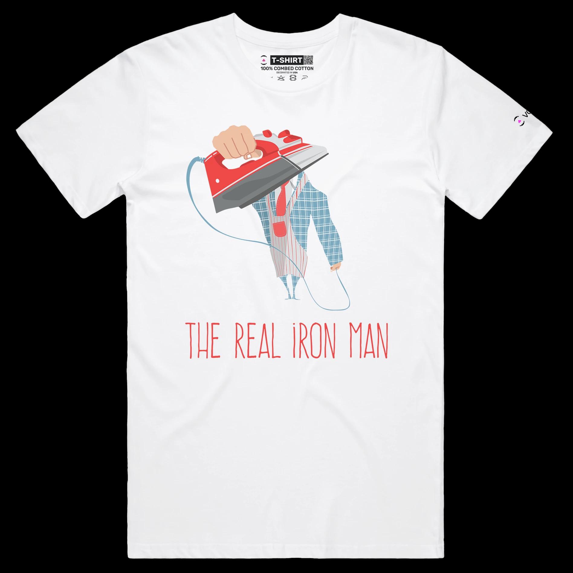 VOICEART White Male Regular Man Iron Role Reversal Funny T-Shirt Premium Graphic House Chores Tee with Iron Man Wordplay