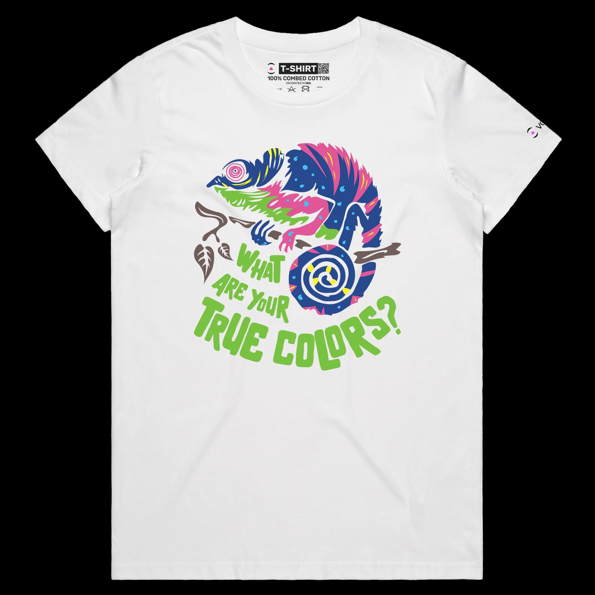 VOICEART White Female Regular Chameleon True Colors Funny Animals T-Shirt Premium Graphic Camouflaged Lizards Wordplay Tee