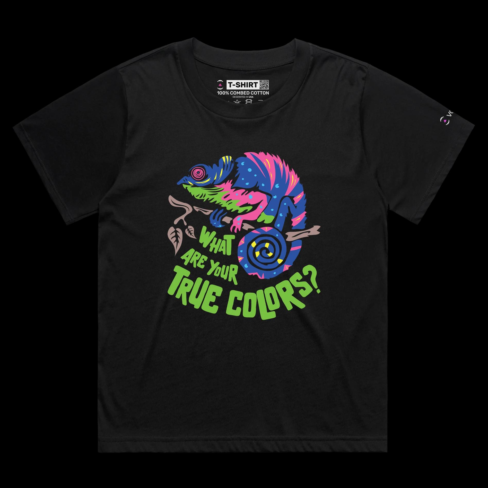 VOICEART Black Female Loose Chameleon True Colors Funny Animals T-Shirt Premium Graphic Camouflaged Lizards Wordplay Tee