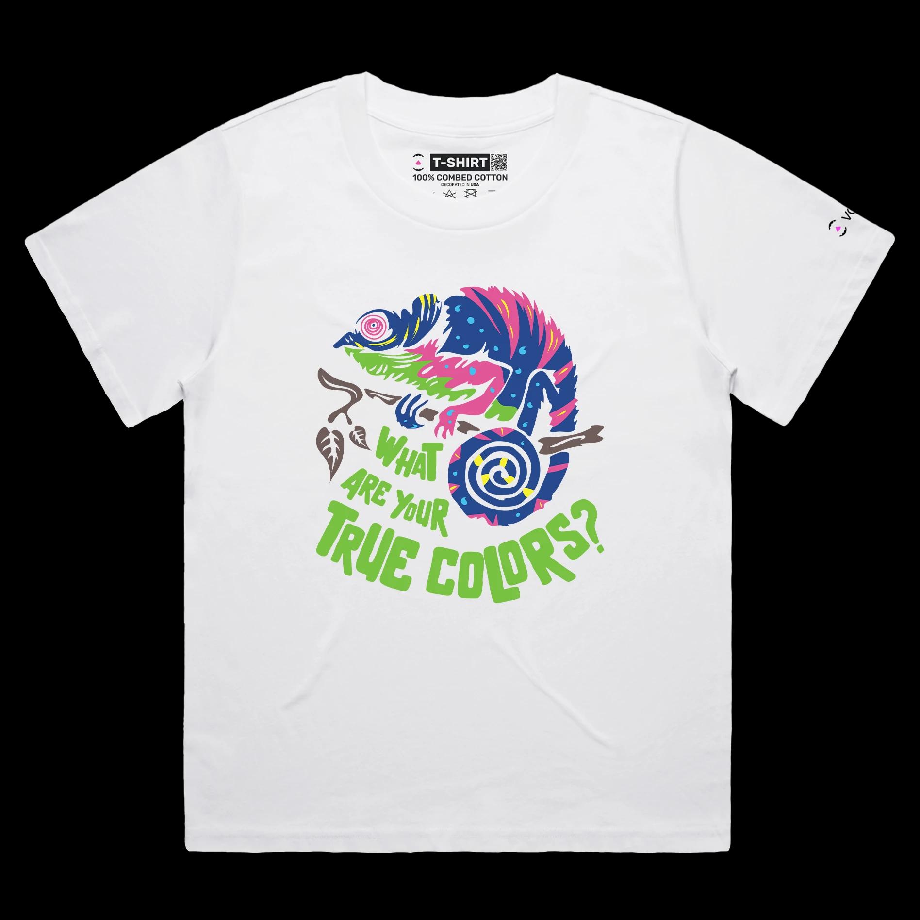 VOICEART White Female Loose Chameleon True Colors Funny Animals T-Shirt Premium Graphic Camouflaged Lizards Wordplay Tee