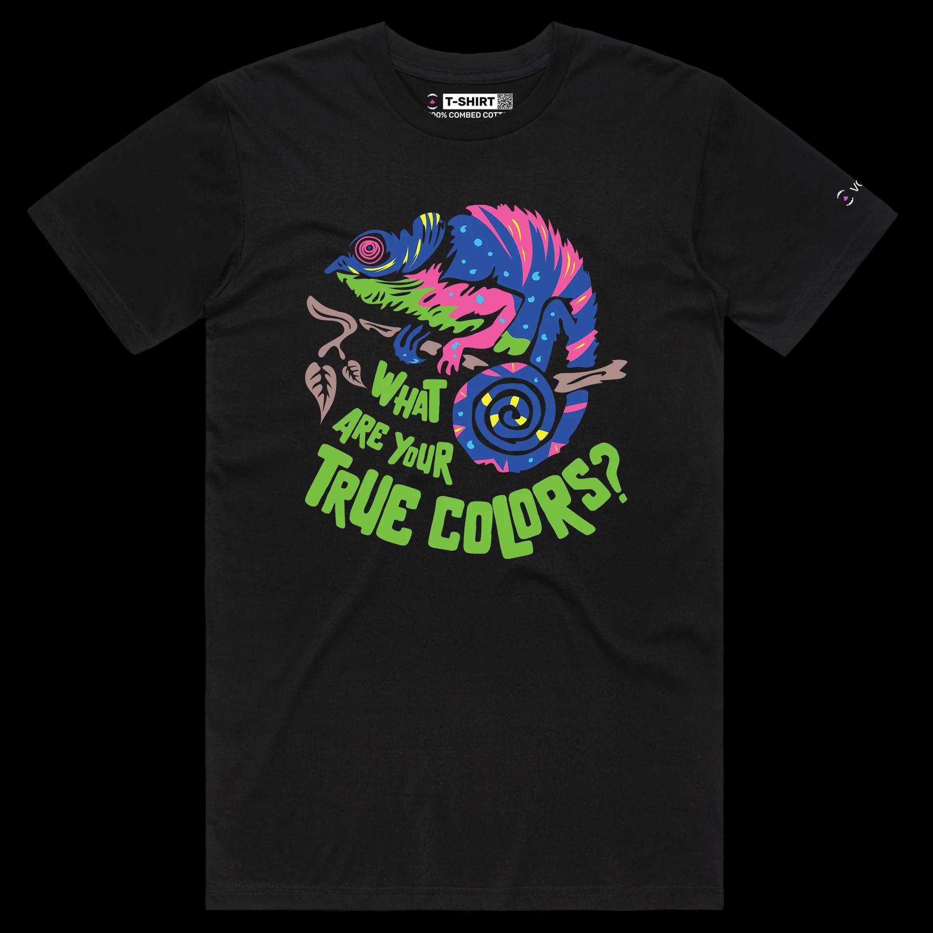 VOICEART Black Male Regular Chameleon True Colors Funny Animals T-Shirt Premium Graphic Camouflaged Lizards Wordplay Tee