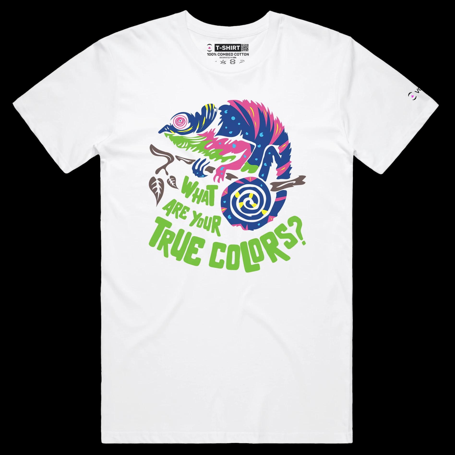 VOICEART White Male Regular Chameleon True Colors Funny Animals T-Shirt Premium Graphic Camouflaged Lizards Wordplay Tee