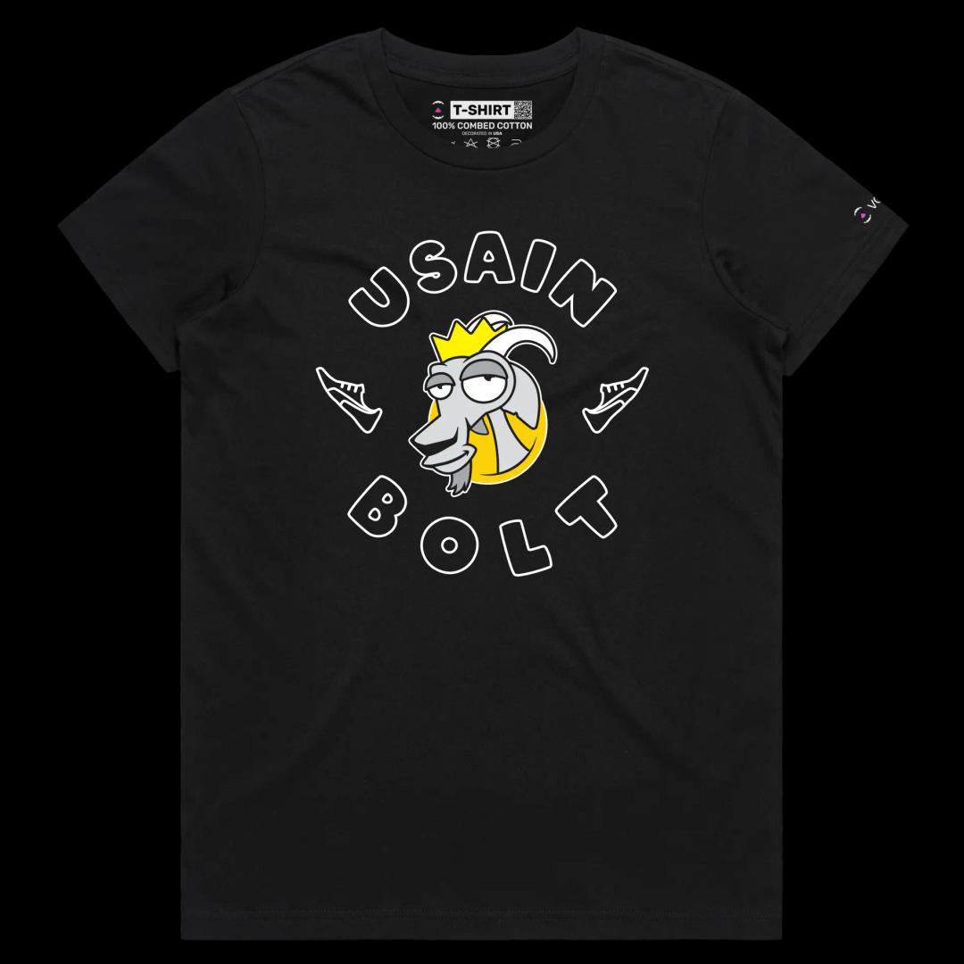 VOICEART Black Female Regular Usain Bolt The GOAT Series Sports T-Shirt with Premium Quality Graphic