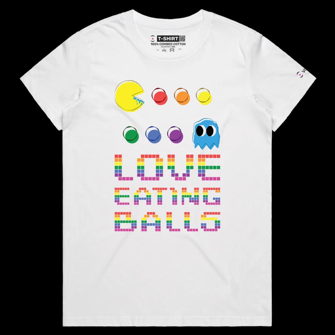 VOICEART White Female Regular PacMan Eating Balls Funny T-Shirt Premium Graphic Design LGBTQ Pride Tee Play Words for Adults