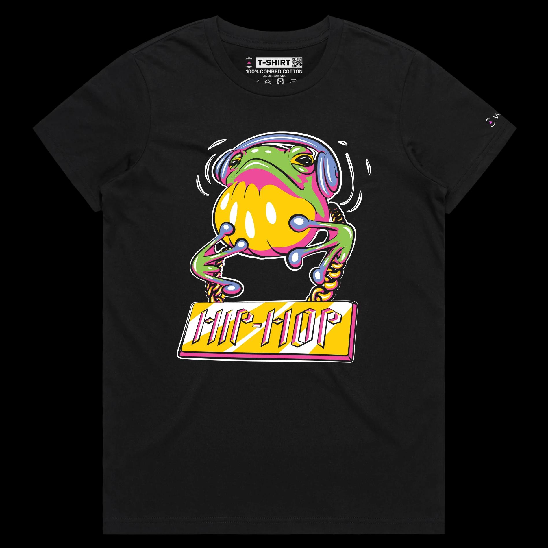 VOICEART Black Female Regular Hip Hop Frog with Headphones Funny Animals T-Shirt Premium Graphic Toad in the Pond Tee