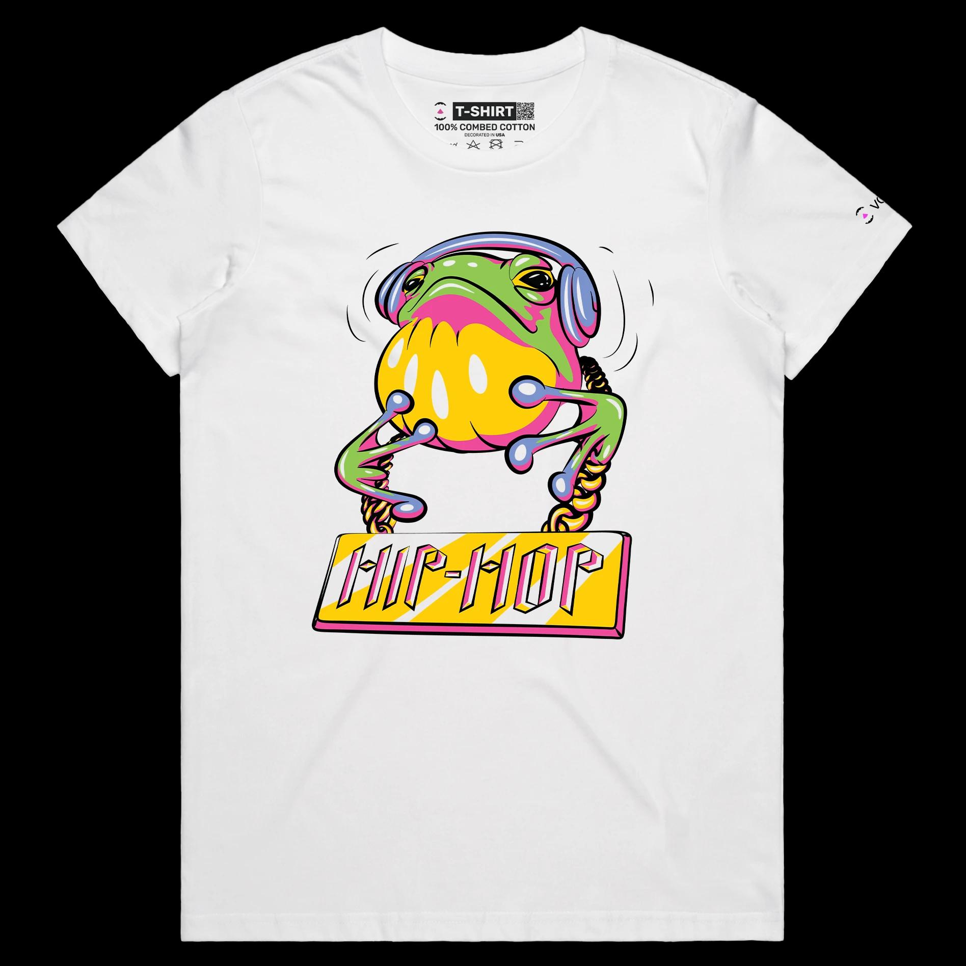 VOICEART White Female Regular Hip Hop Frog with Headphones Funny Animals T-Shirt Premium Graphic Toad in the Pond Tee