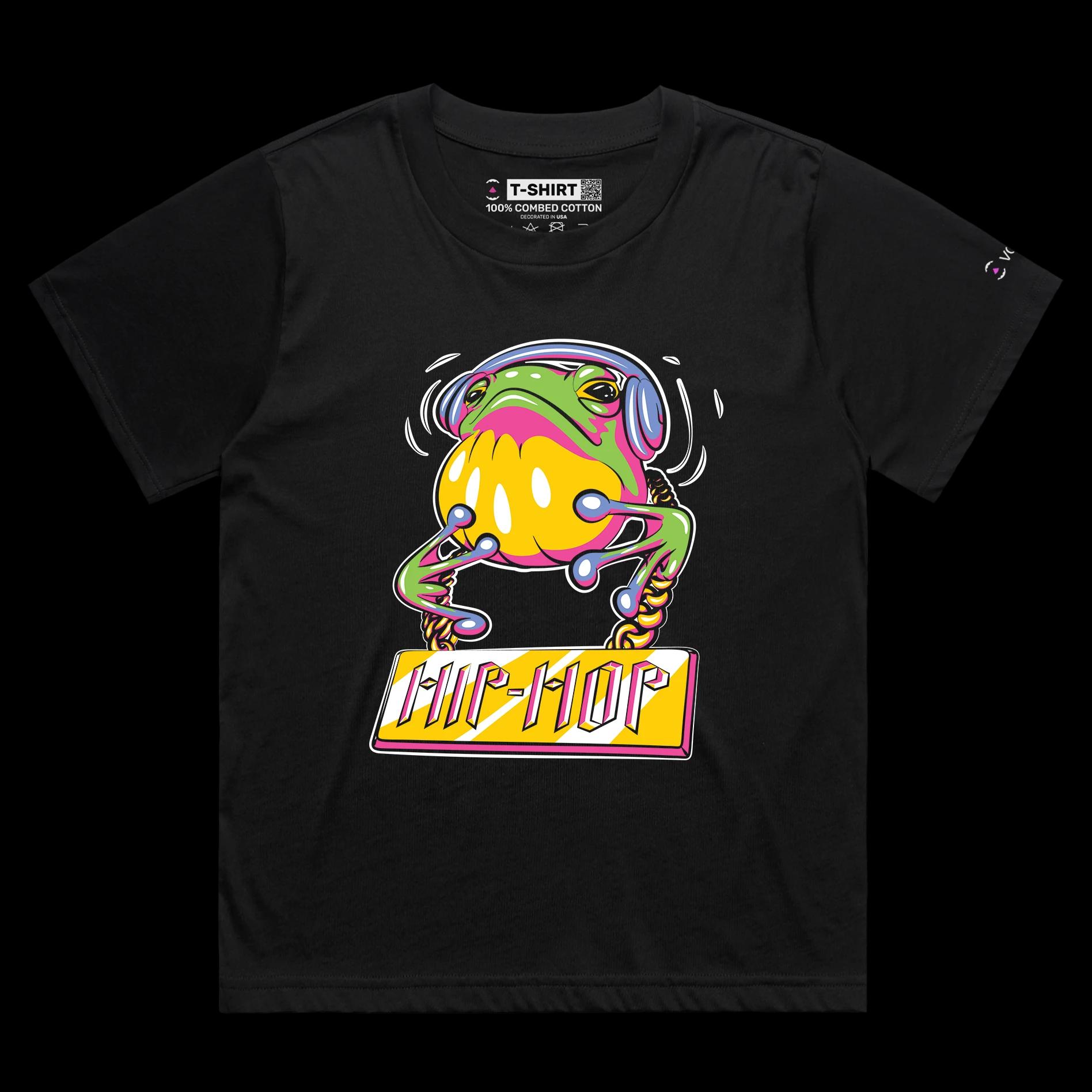 VOICEART Black Female Loose Hip Hop Frog with Headphones Funny Animals T-Shirt Premium Graphic Toad in the Pond Tee