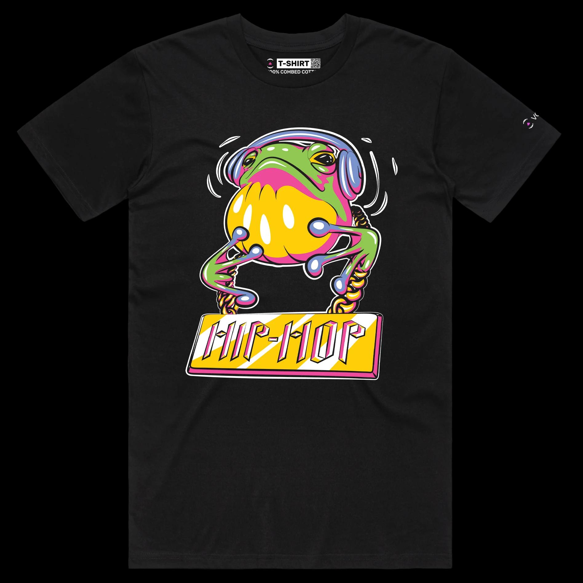 VOICEART Black Male Regular Hip Hop Frog with Headphones Funny Animals T-Shirt Premium Graphic Toad in the Pond Tee