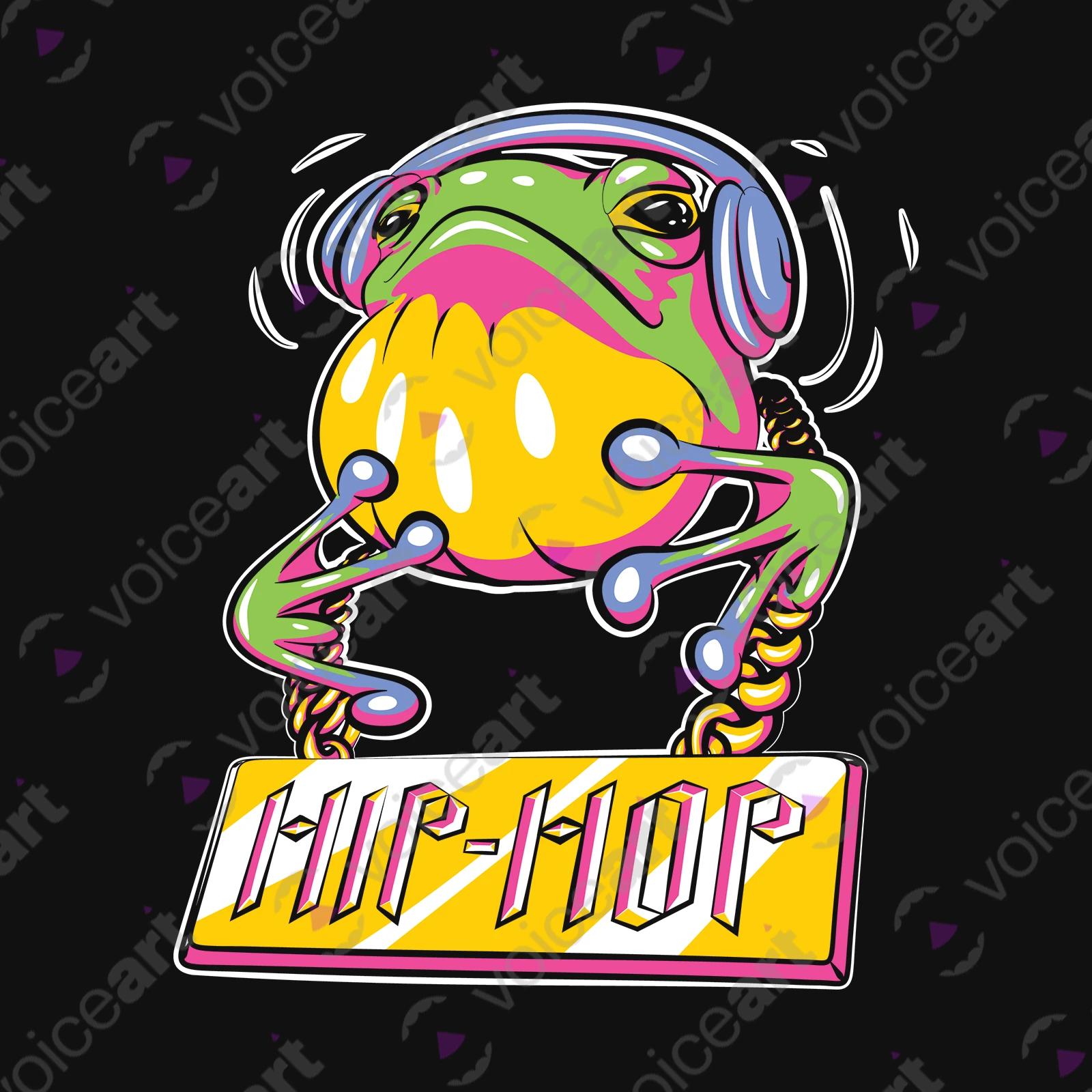 VOICEART Black Watermark Hip Hop Frog with Headphones Funny Animals T-Shirt Premium Graphic Toad in the Pond Tee