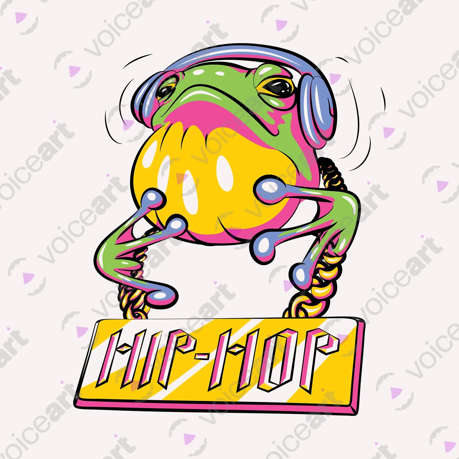 VOICEART White Watermark Hip Hop Frog with Headphones Funny Animals T-Shirt Premium Graphic Toad in the Pond Tee