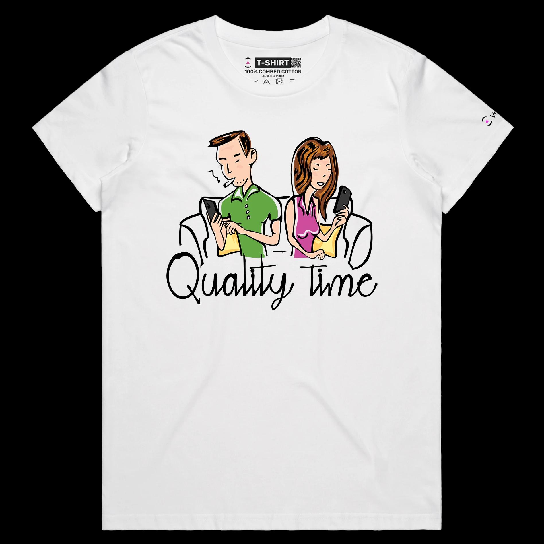 VOICEART White Female Regular Quality Relationship Time Funny Graphic Tee for Couples Combed Cotton Short Sleeve T-Shirt