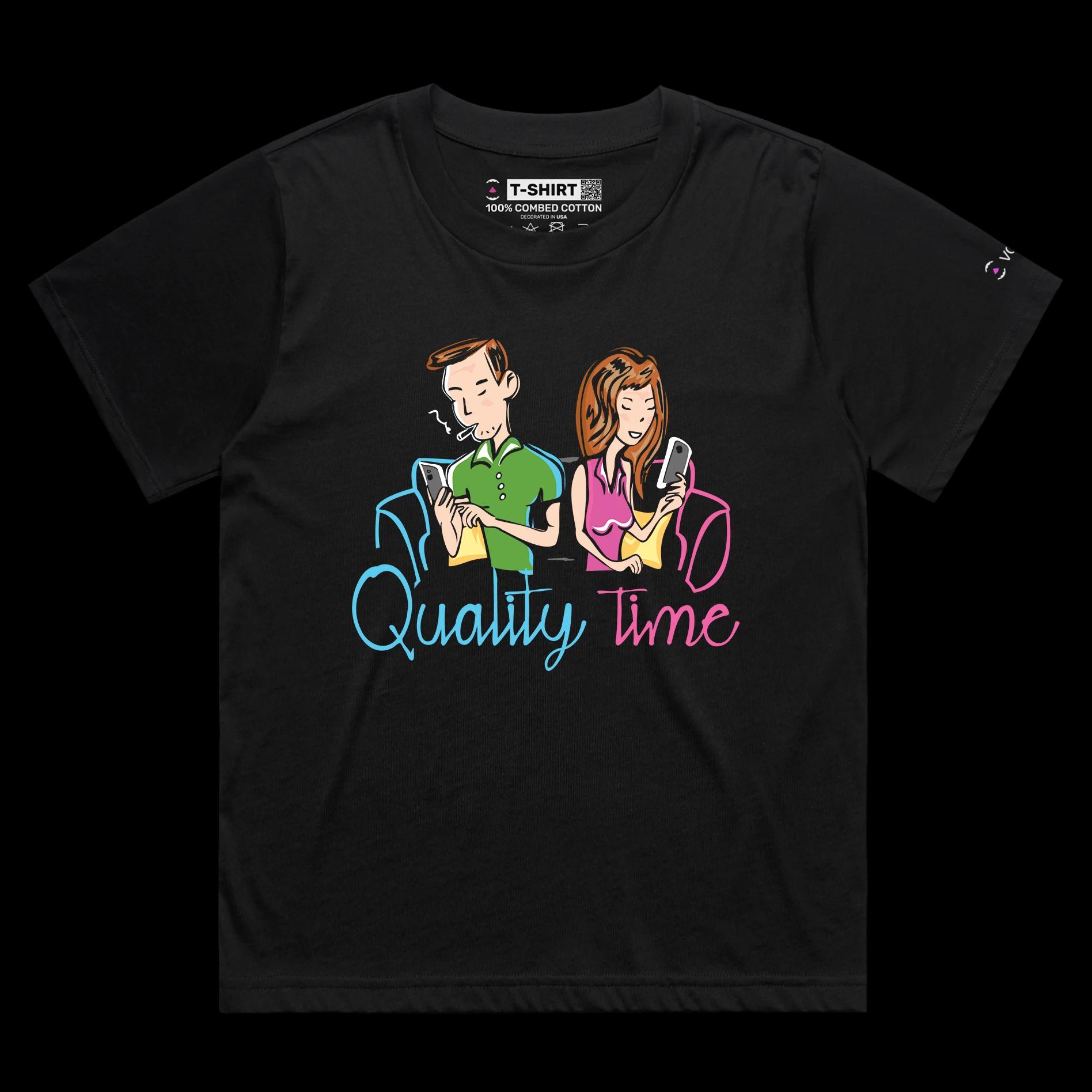 VOICEART Black Female Loose Quality Relationship Time Funny Graphic Tee for Couples Combed Cotton Short Sleeve T-Shirt