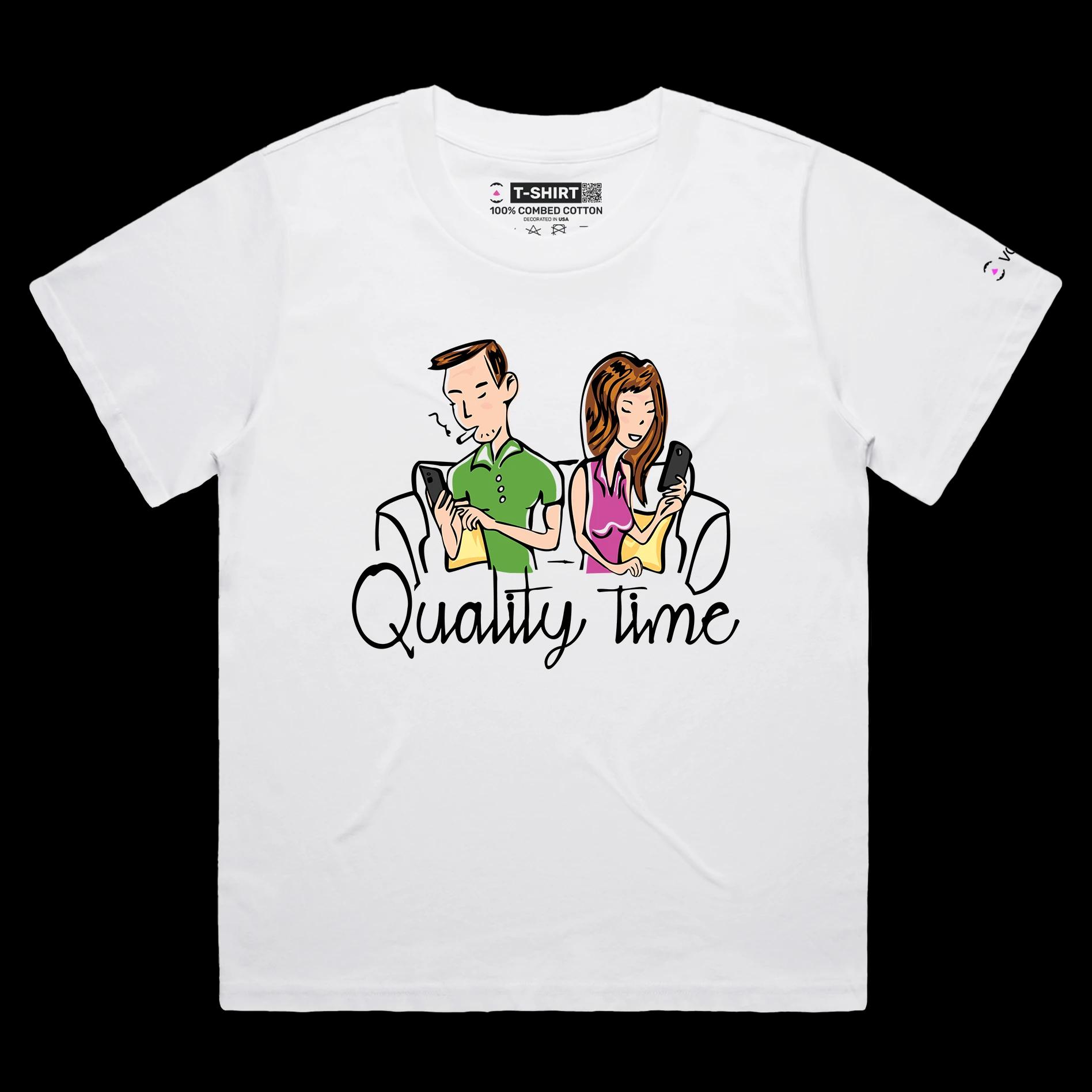 VOICEART White Female Loose Quality Relationship Time Funny Graphic Tee for Couples Combed Cotton Short Sleeve T-Shirt