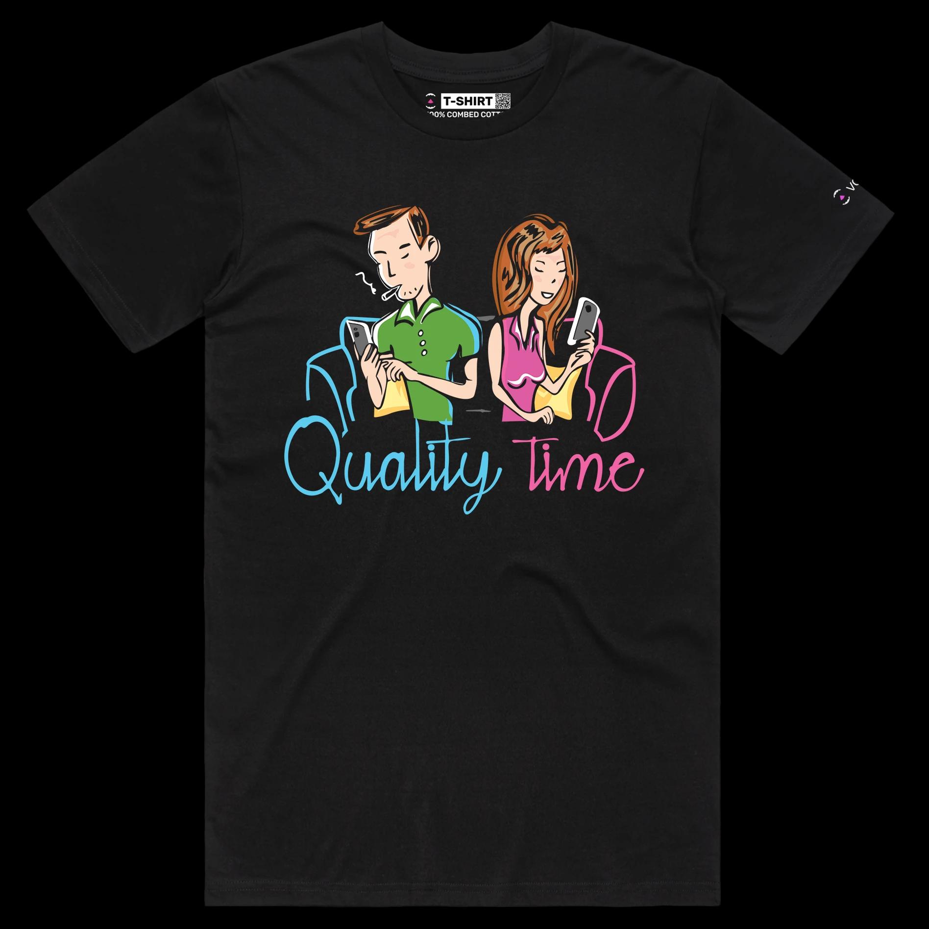 VOICEART Black Male Regular Quality Relationship Time Funny Graphic Tee for Couples Combed Cotton Short Sleeve T-Shirt