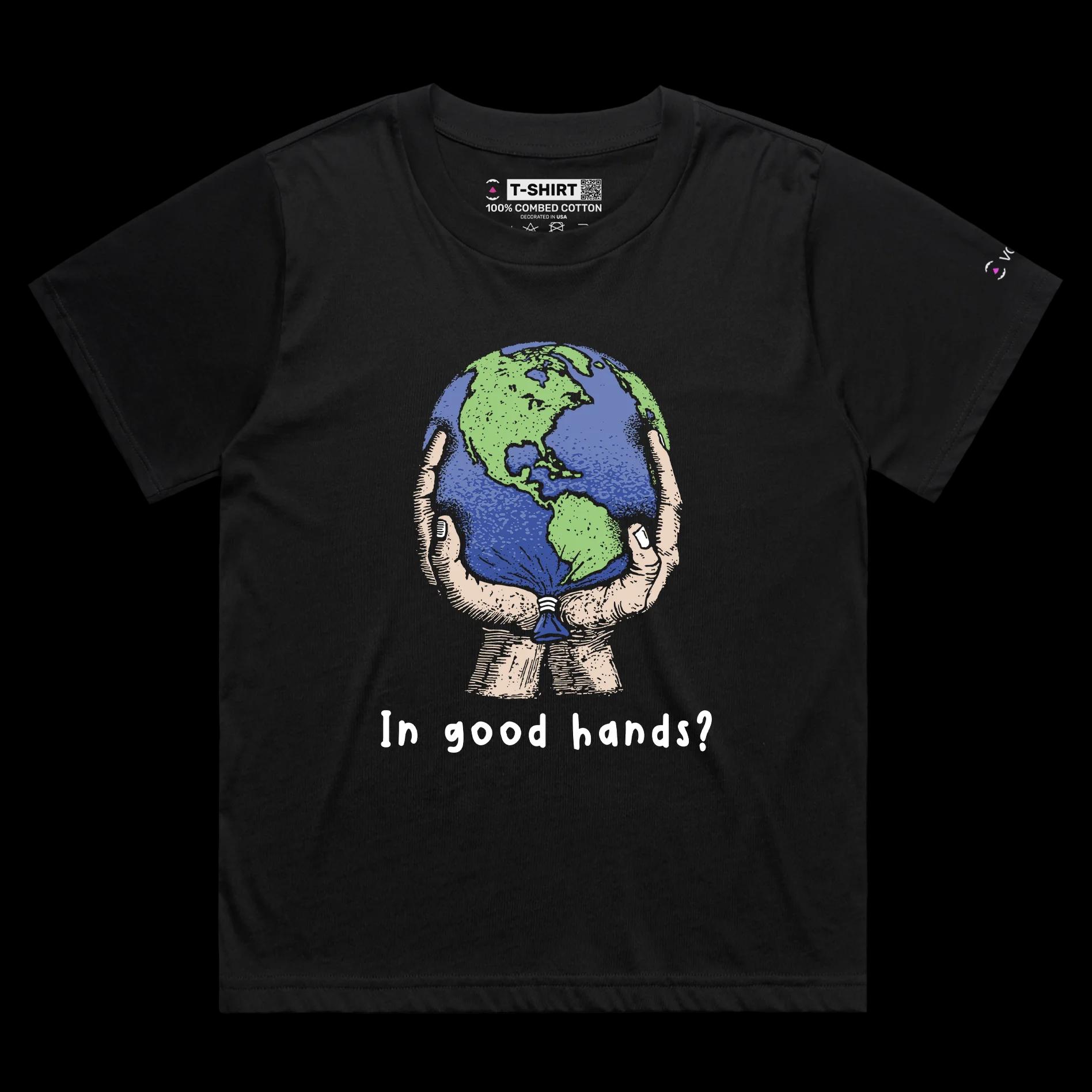 VOICEART Black Female Loose Save the World from Global Warming T-Shirt with Premium Quality Graphic Globe Held By Hands