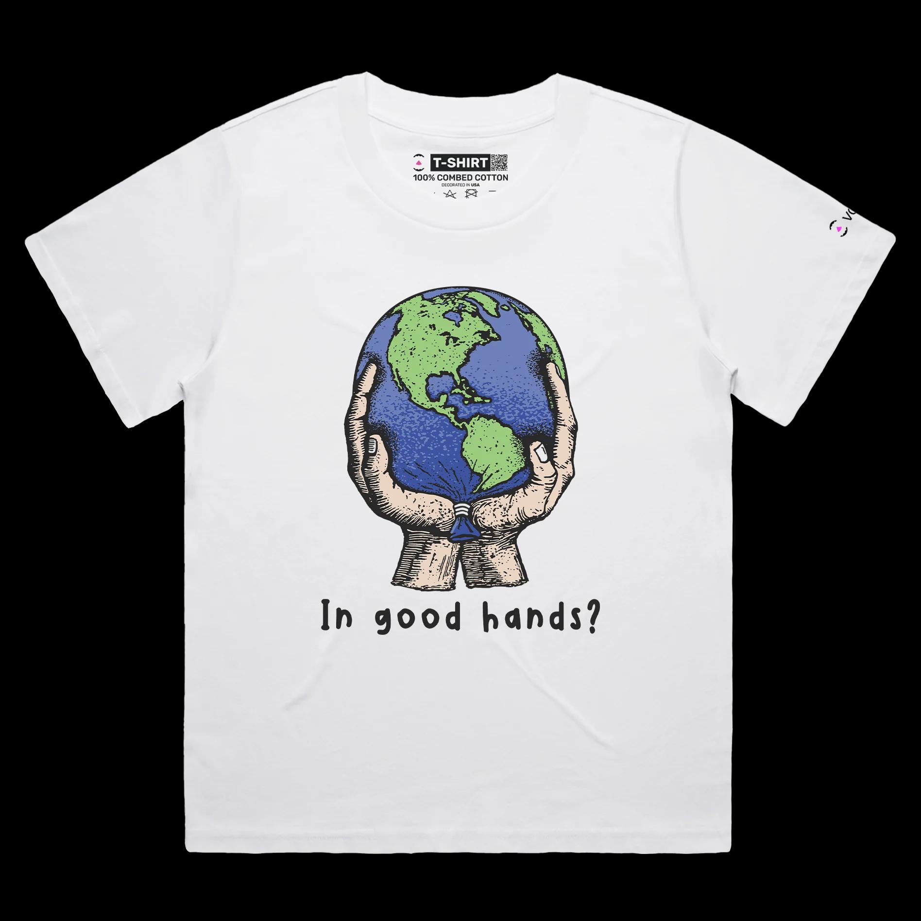 VOICEART White Female Loose Save the World from Global Warming T-Shirt with Premium Quality Graphic Globe Held By Hands