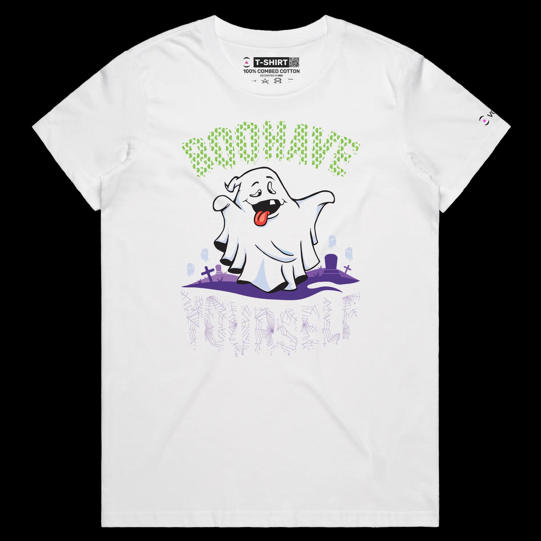 VOICEART White Female Regular Crazy Ghost Funny TShirt with Premium Quality Graphic Scary Tee for Holidays with Play on Words