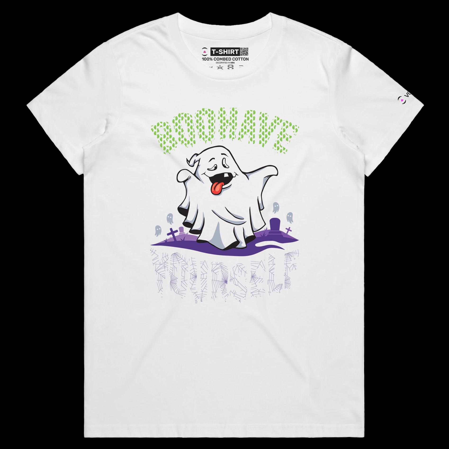 VOICEART White Female Regular Crazy Ghost Funny TShirt with Premium Quality Graphic Scary Tee for Holidays with Play on Words