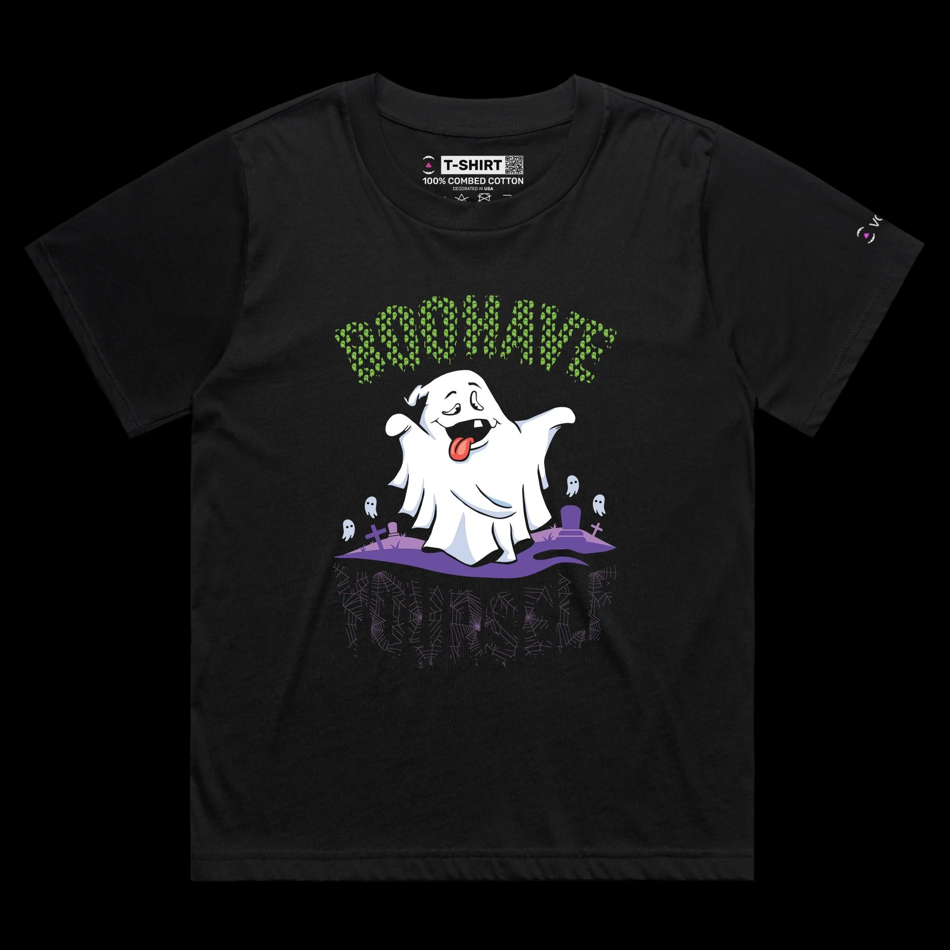 VOICEART Black Female Loose Crazy Ghost Funny TShirt with Premium Quality Graphic Scary Tee for Holidays with Play on Words