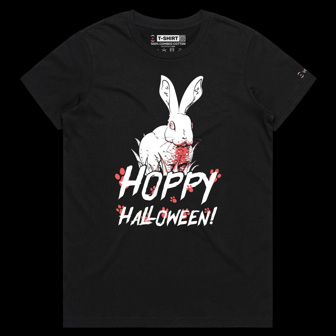 VOICEART Black Female Regular Creepy Bunny Funny Animals Halloween T-Shirt Premium Graphic Design Happy Holidays Wordplay Tee