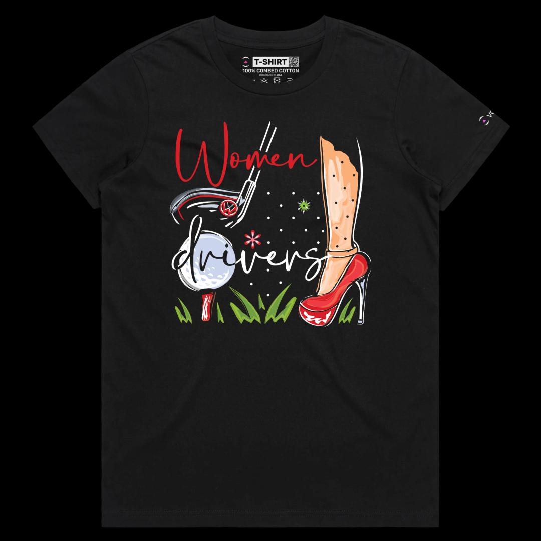 VOICEART Black Female Regular Women Drivers Funny Shirt Premium Graphic Design Girl Power Golf Club Tee with Double Meaning