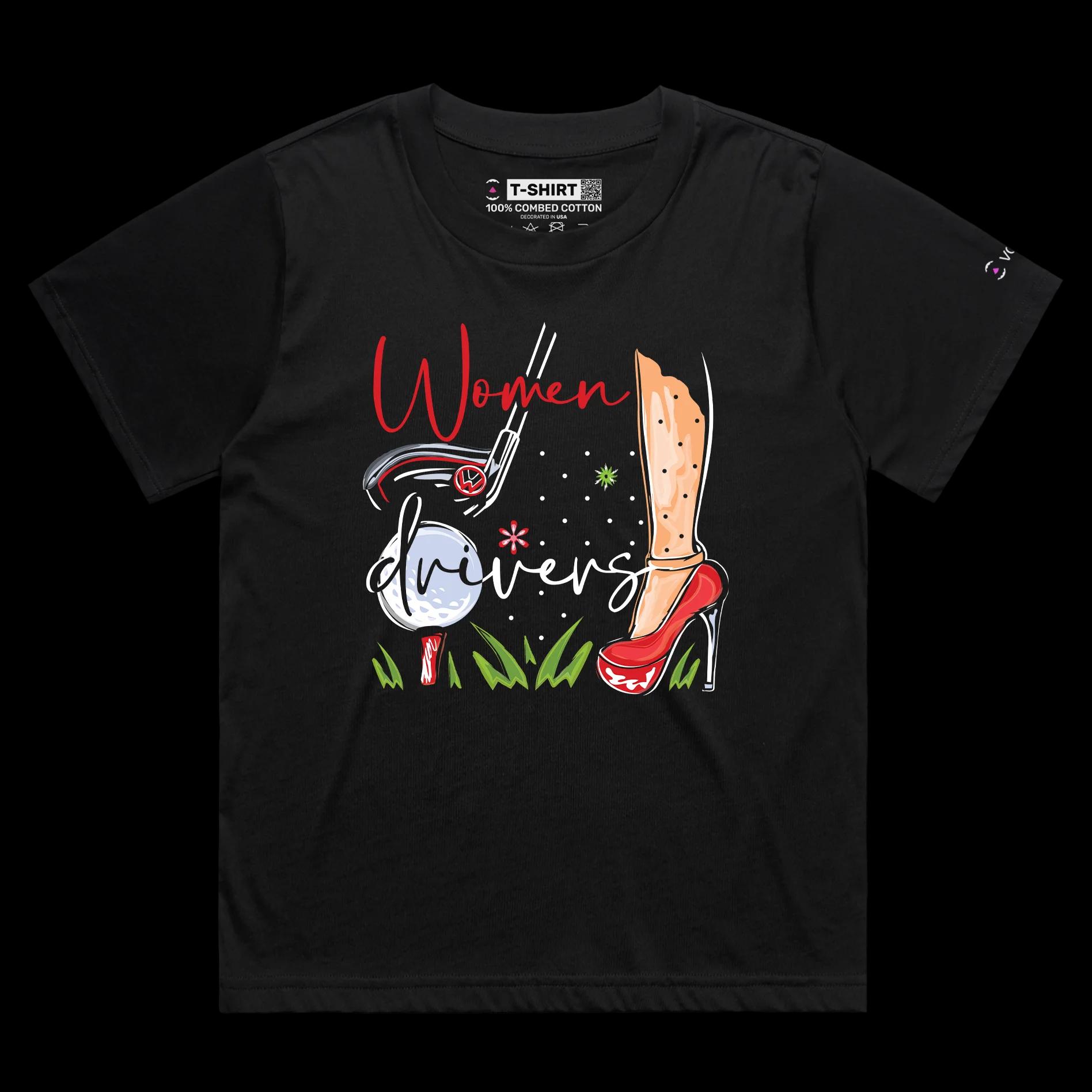 VOICEART Black Female Loose Women Drivers Funny Shirt Premium Graphic Design Girl Power Golf Club Tee with Double Meaning