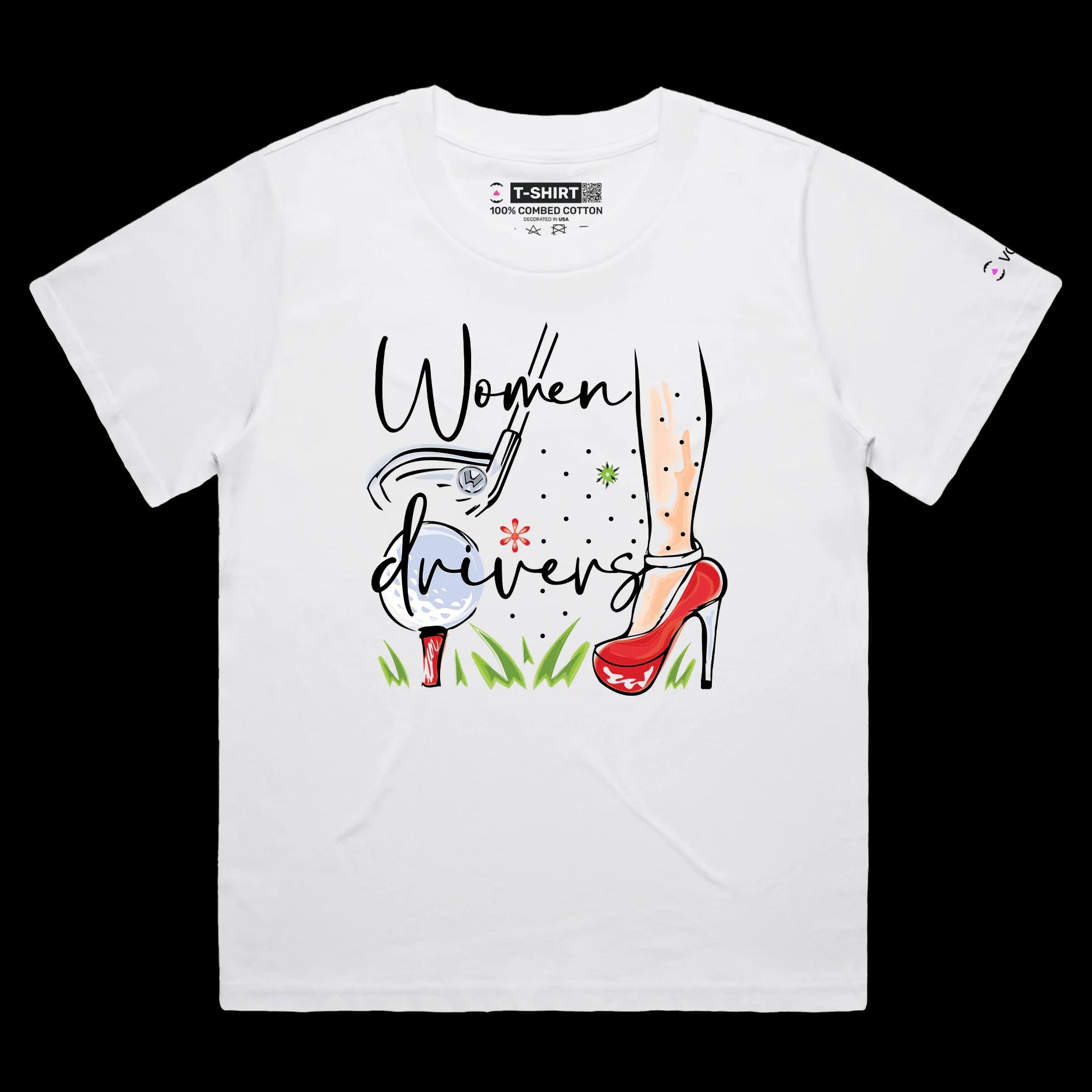 VOICEART White Female Loose Women Drivers Funny Shirt Premium Graphic Design Girl Power Golf Club Tee with Double Meaning