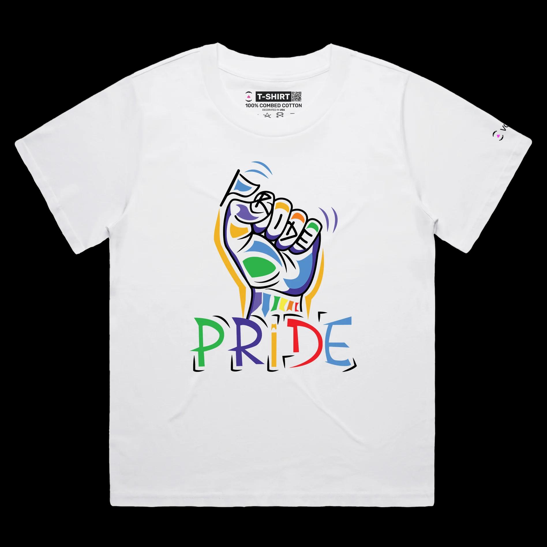 VOICEART White Female Loose Rainbow Fist Gay Lifestyle Shirt with Premium Quality Graphic Design LGBTQ Alliance Pride Tee