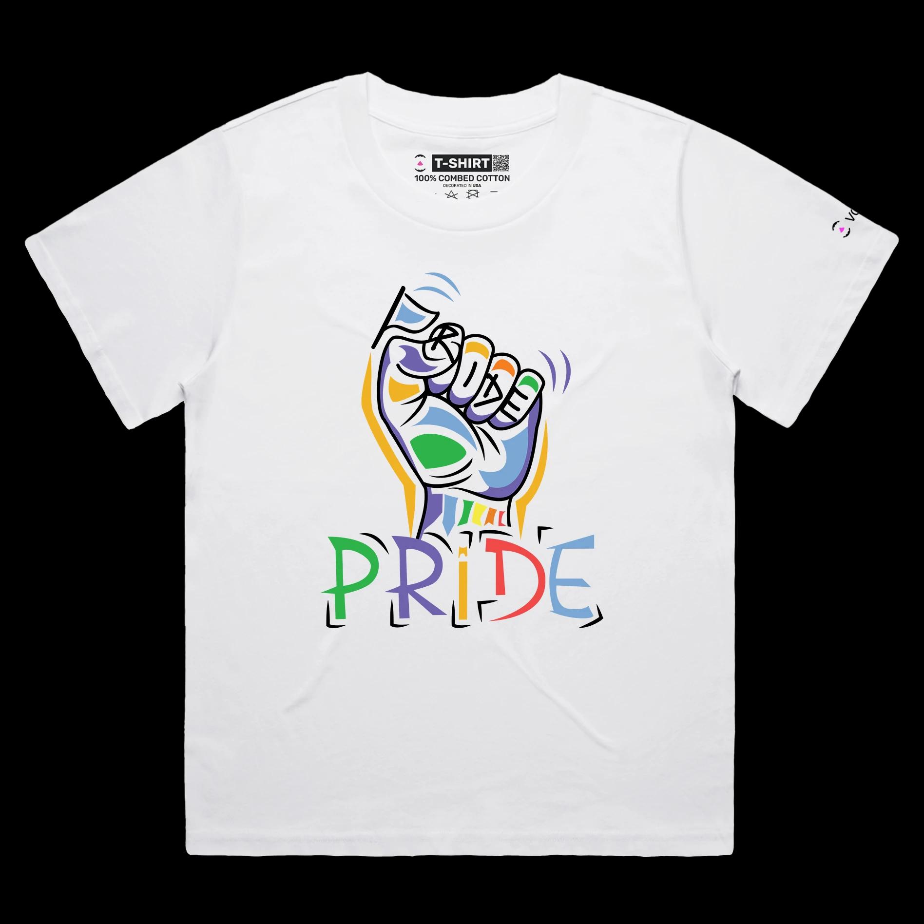 VOICEART White Female Loose Rainbow Fist Gay Lifestyle Shirt with Premium Quality Graphic Design LGBTQ Alliance Pride Tee