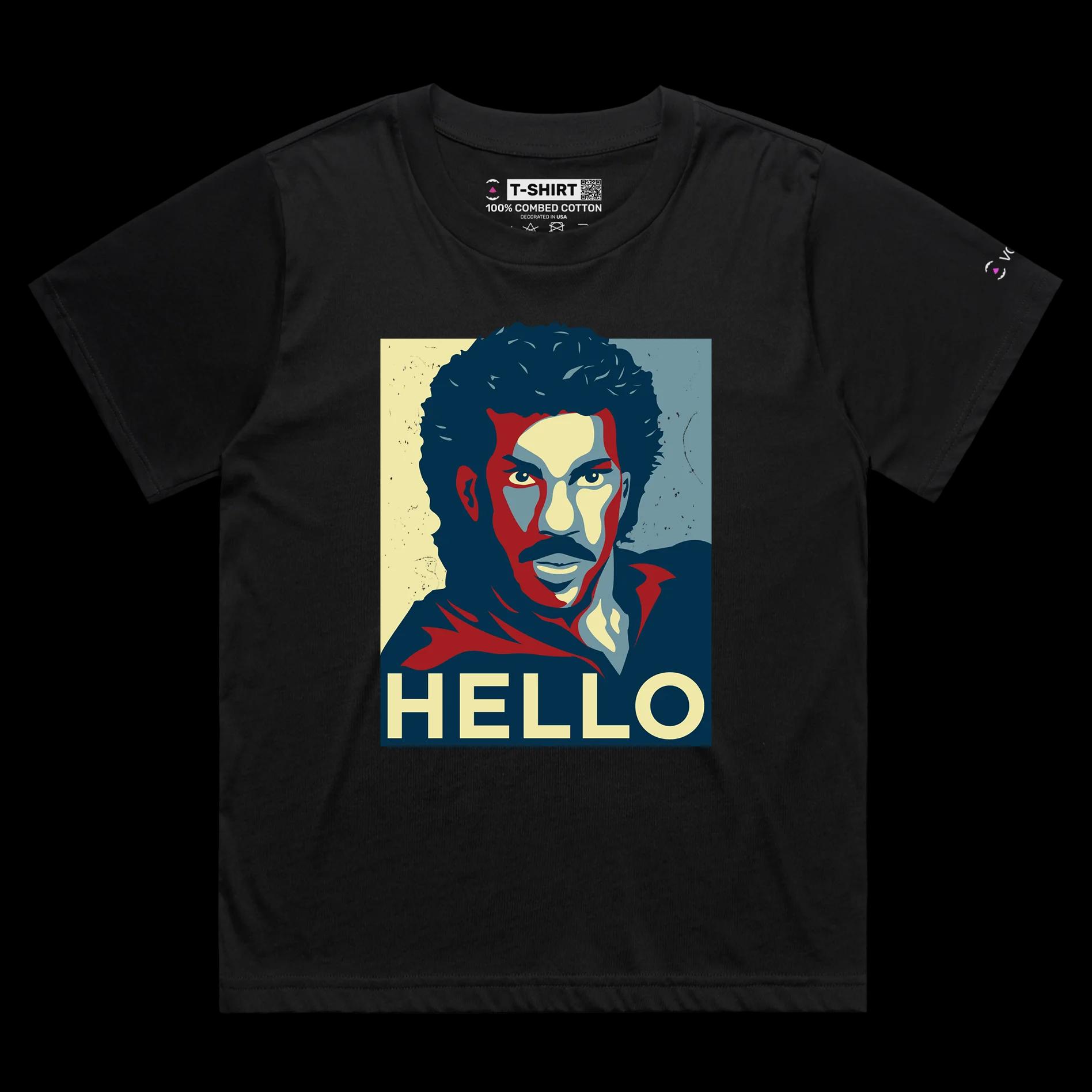 VOICEART Black Female Loose Richie Popular Music T-Shirt with Premium Quality Graphic Hello Worldwide Song Hits Clever Tee