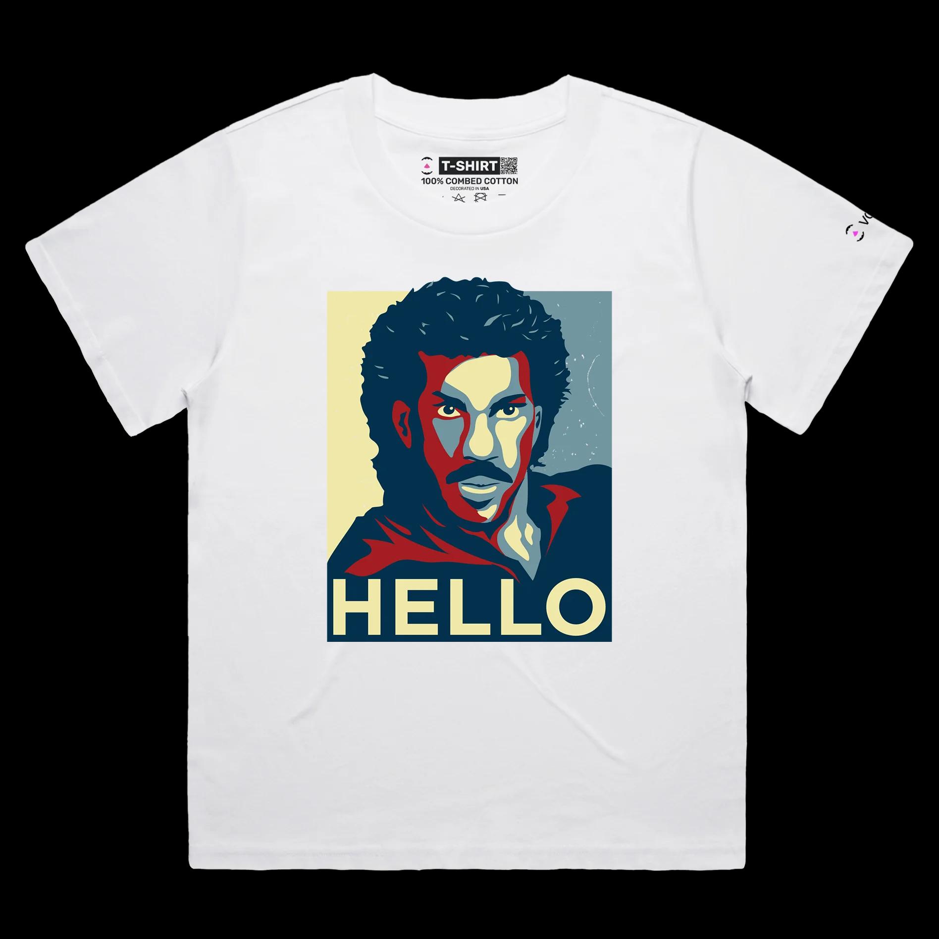 VOICEART White Female Loose Richie Popular Music T-Shirt with Premium Quality Graphic Hello Worldwide Song Hits Clever Tee