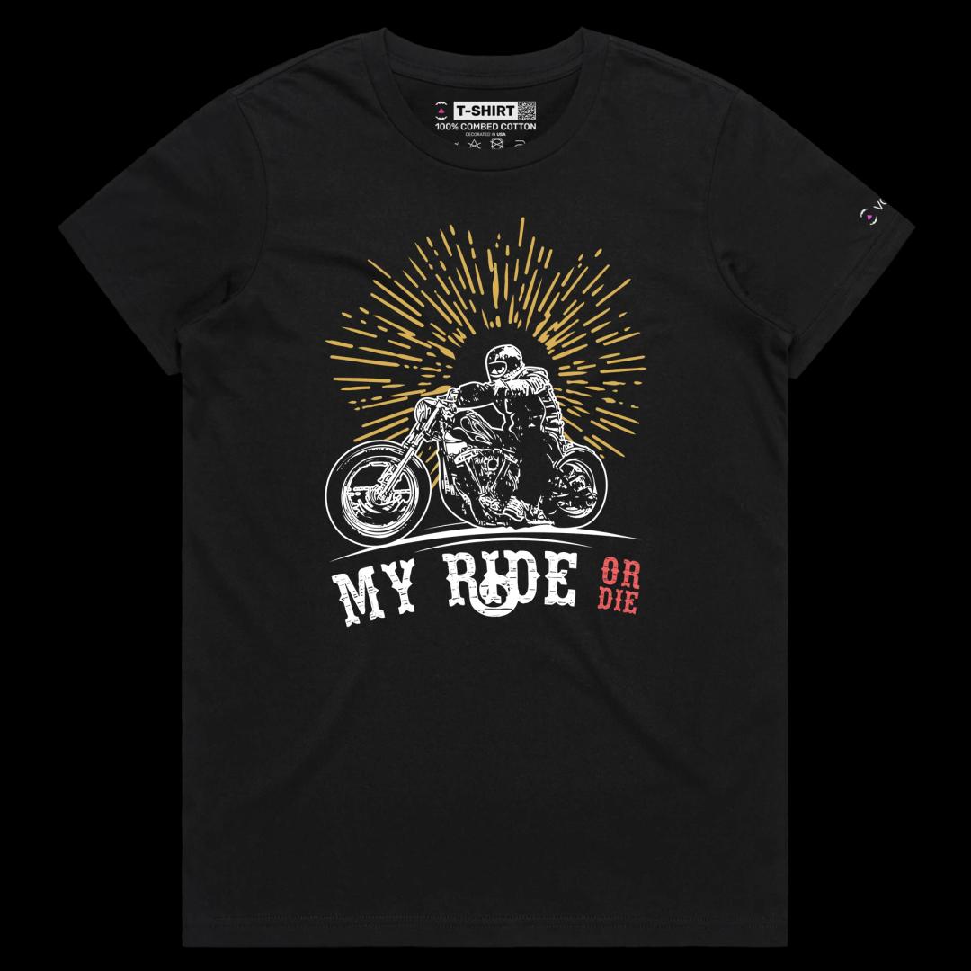 VOICEART Black Female Regular Bike on the Road Adventurous T-Shirt with Premium Graphic and Design Chopper Ride or Die